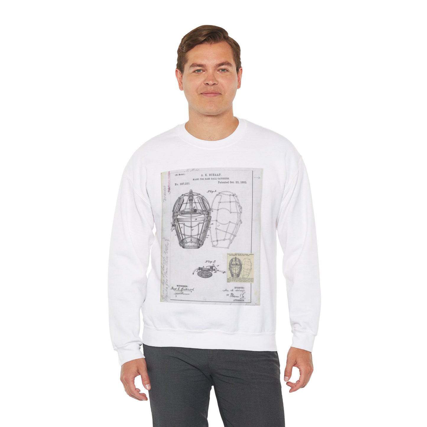 Patent drawing - Drawing of a "Mask for Base Ball Catchers" Public domain image White Heavy Blend Adult Crew Neck SweatShirt