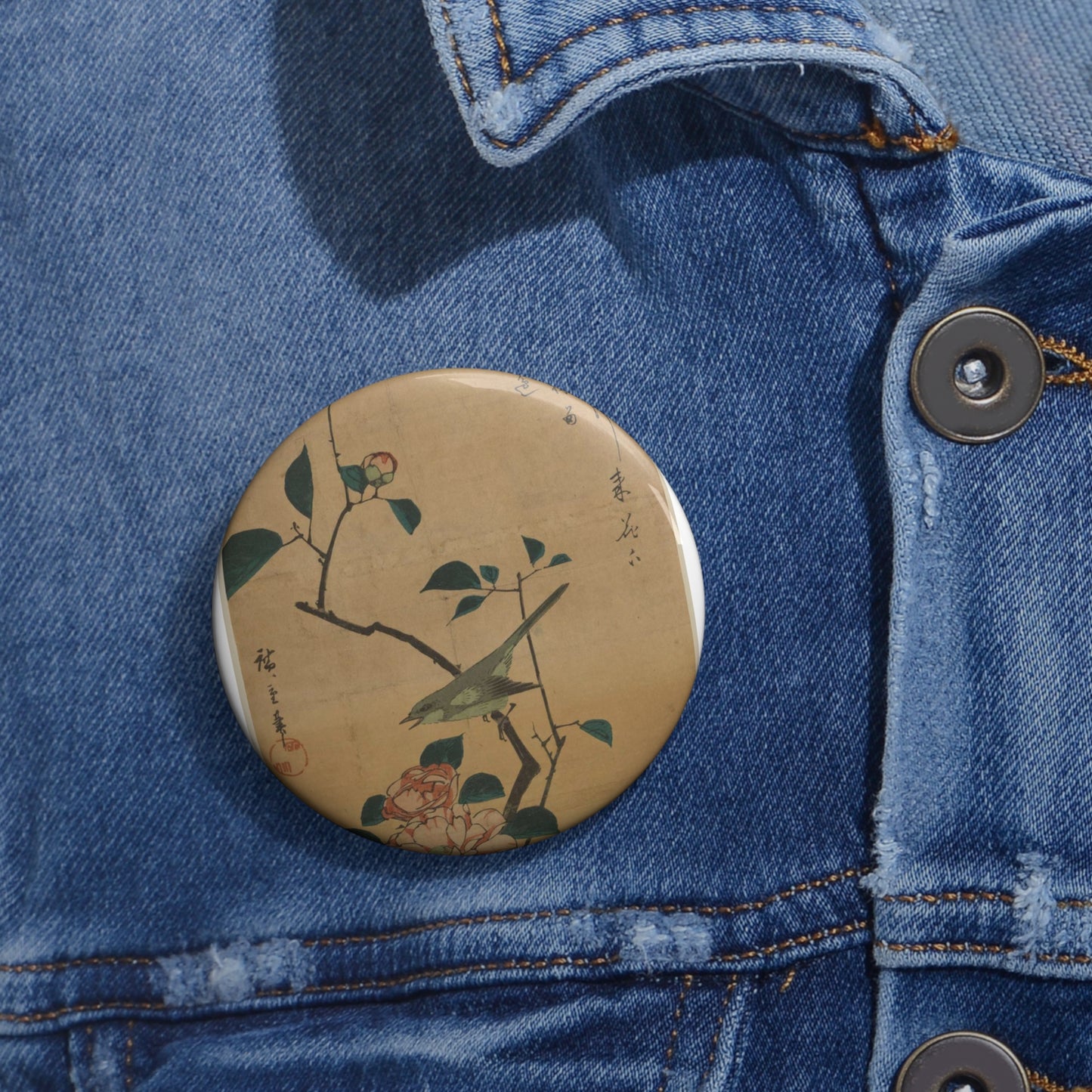 Utagawa Hiroshige - Tsubaki ni uguisu, Ando Hiroshige Pin Buttons with Crisp Design