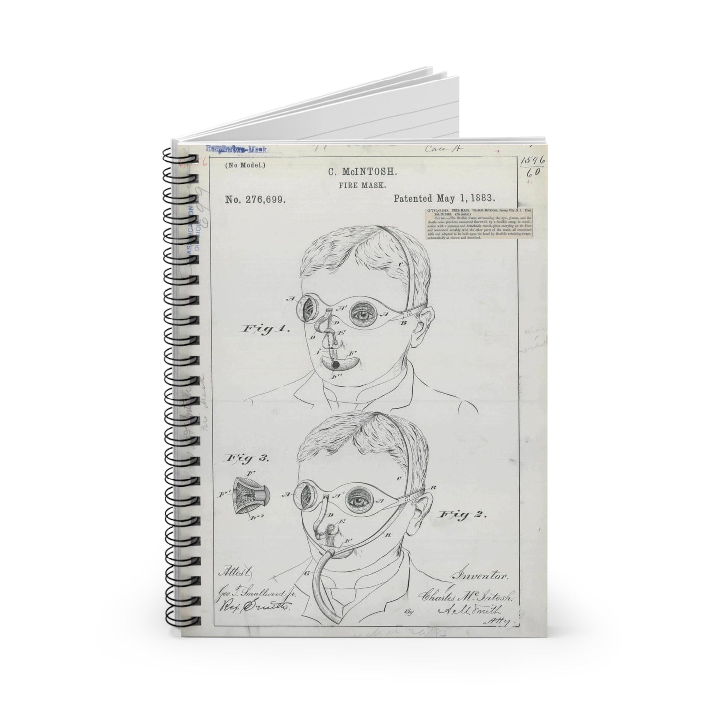 Patent drawing - for C. McIntosh's Fire Mask Public domain image Spiral Bound Ruled Notebook with Printed Cover