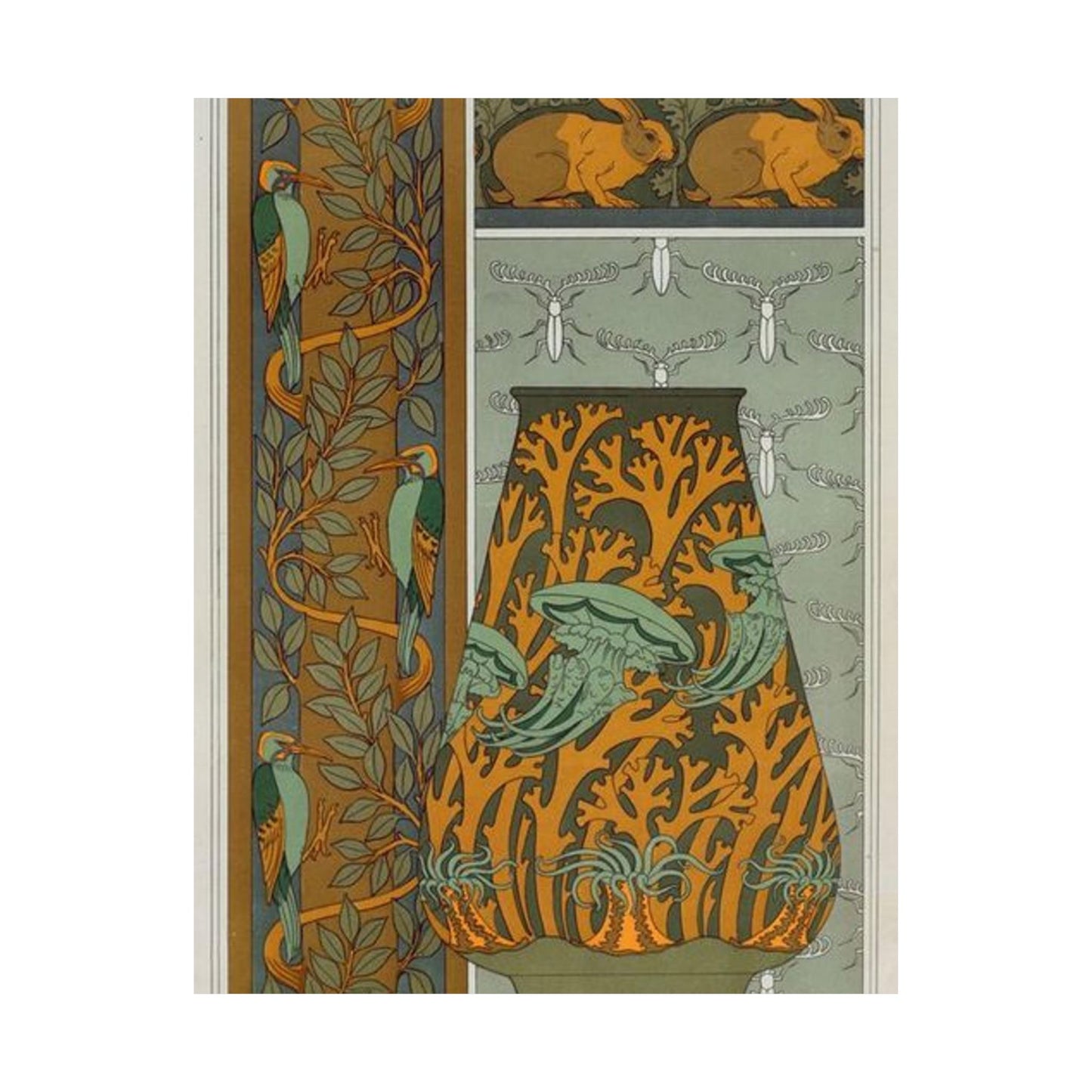 Piverts et arbre, bordure verticale. Lapins et feuilles, bordure. Méduses, anémones de mer et algues, vase. Insectes, jeu de fond. High Quality Matte Wall Art Poster for Home, Office, Classroom