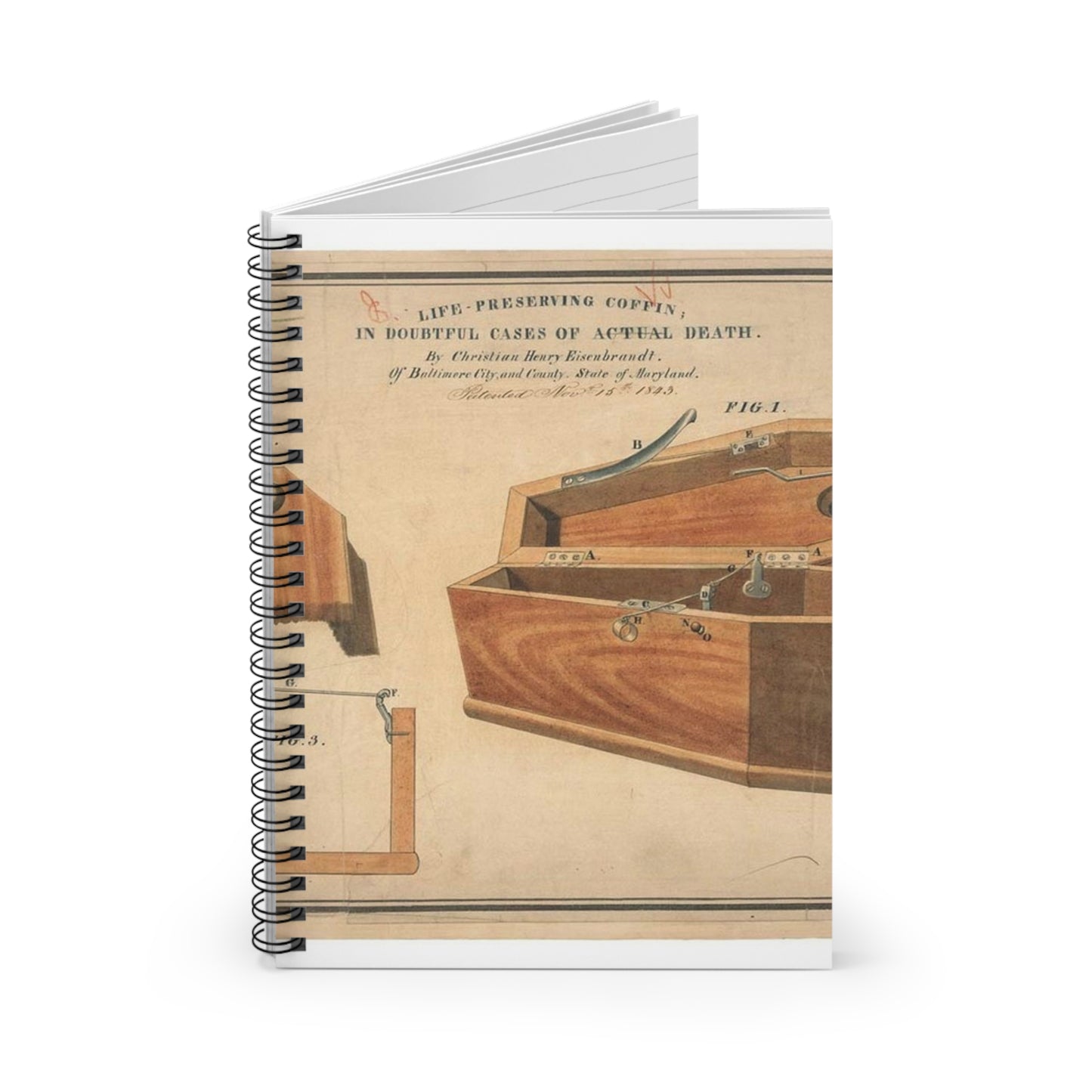 Patent drawing - Drawing for a Life - Preserving Coffin Public domain image Spiral Bound Ruled Notebook with Printed Cover