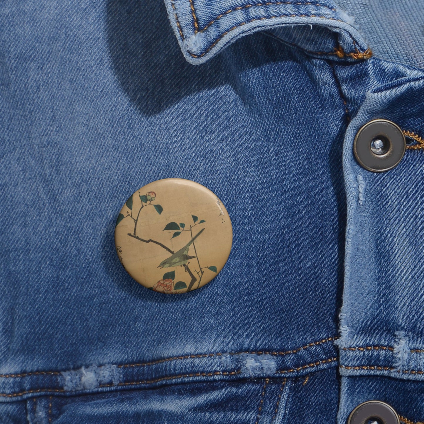 Utagawa Hiroshige - Tsubaki ni uguisu, Ando Hiroshige Pin Buttons with Crisp Design