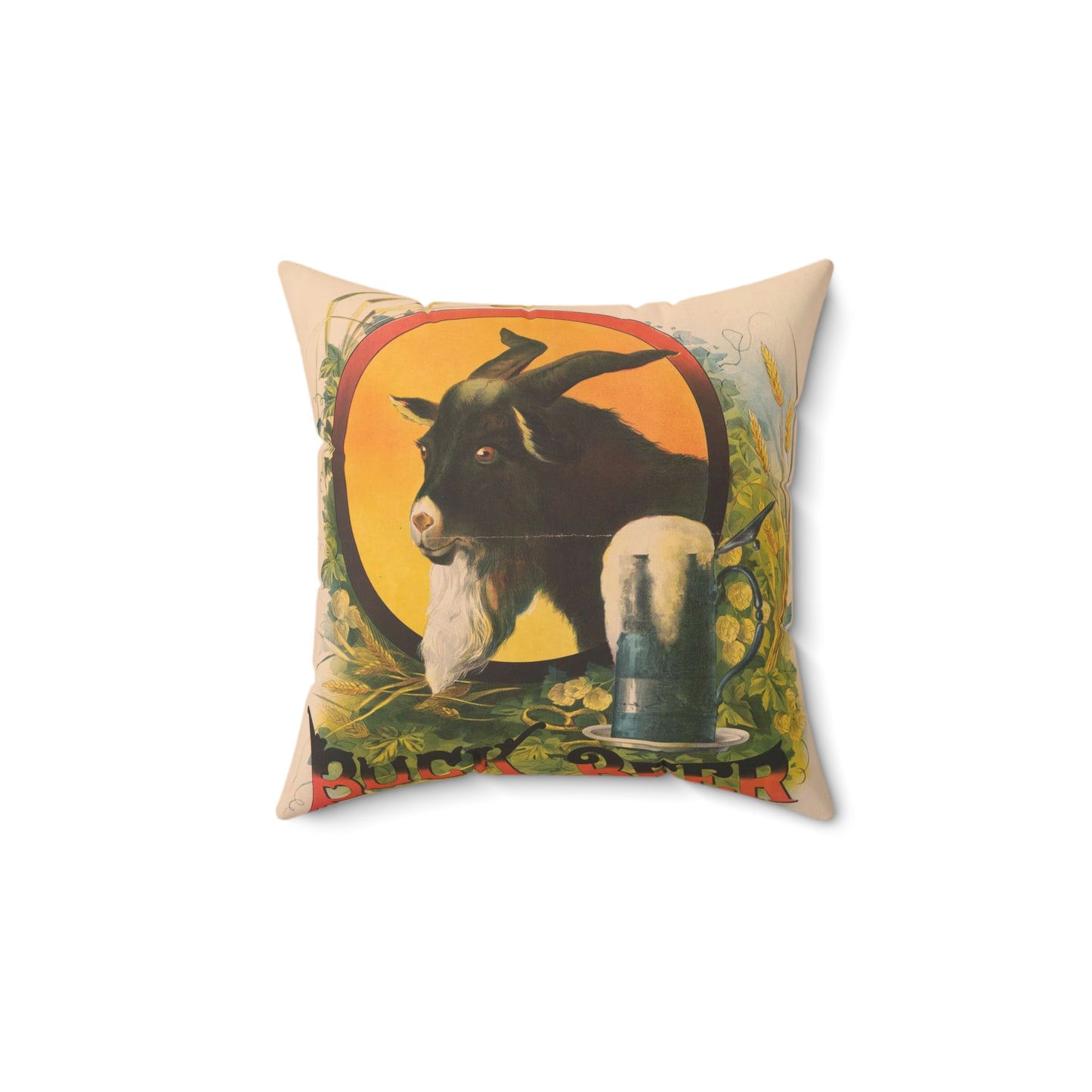 Bock Beer, the head of a goat inside an oval, with a stein of beer sitting on a bed of hops, underneath the oval Decorative Accent Square Pillow