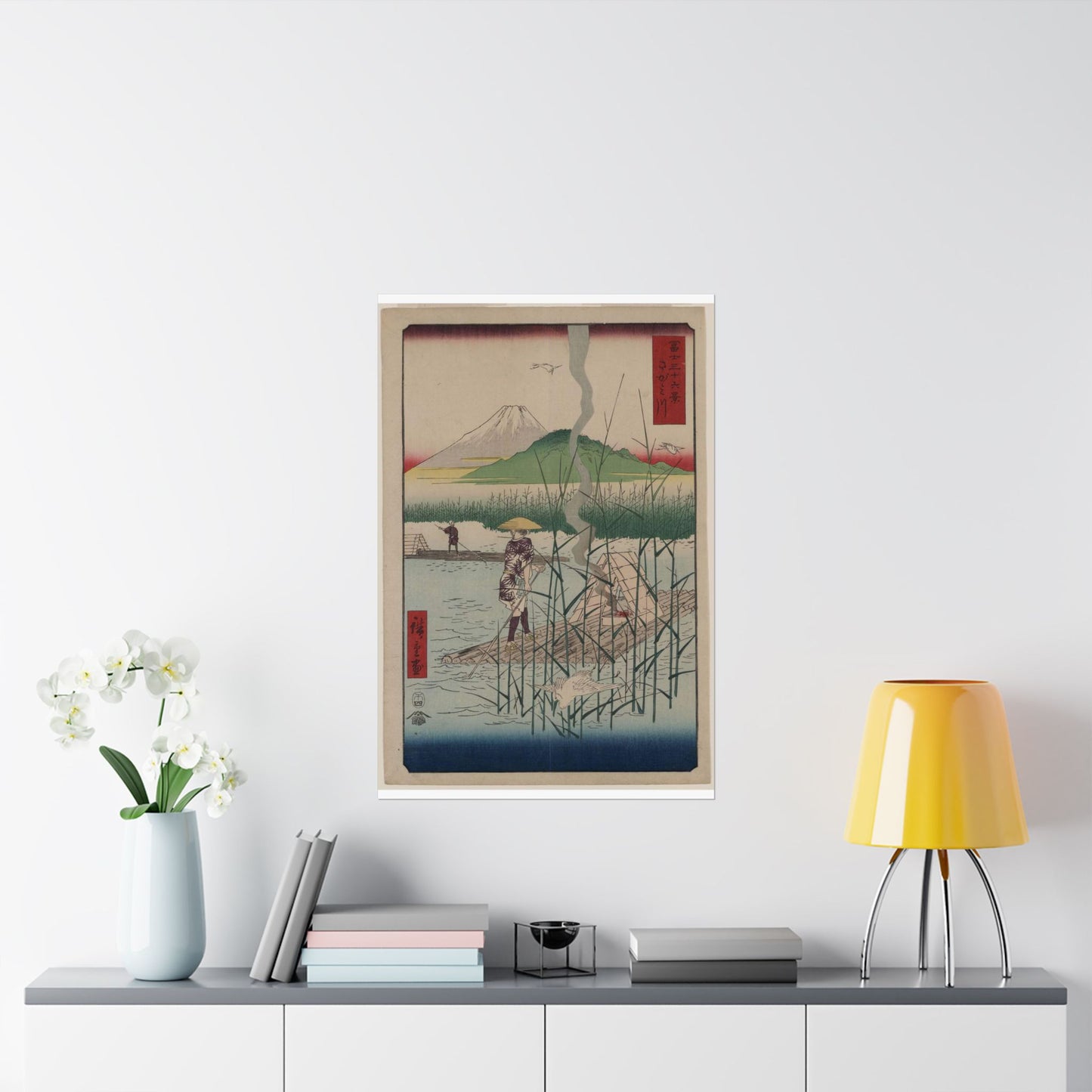 18 - The Sagami River - A painting of a man standing on a boat in a body of water High Quality Matte Wall Art Poster for Home, Office, Classroom