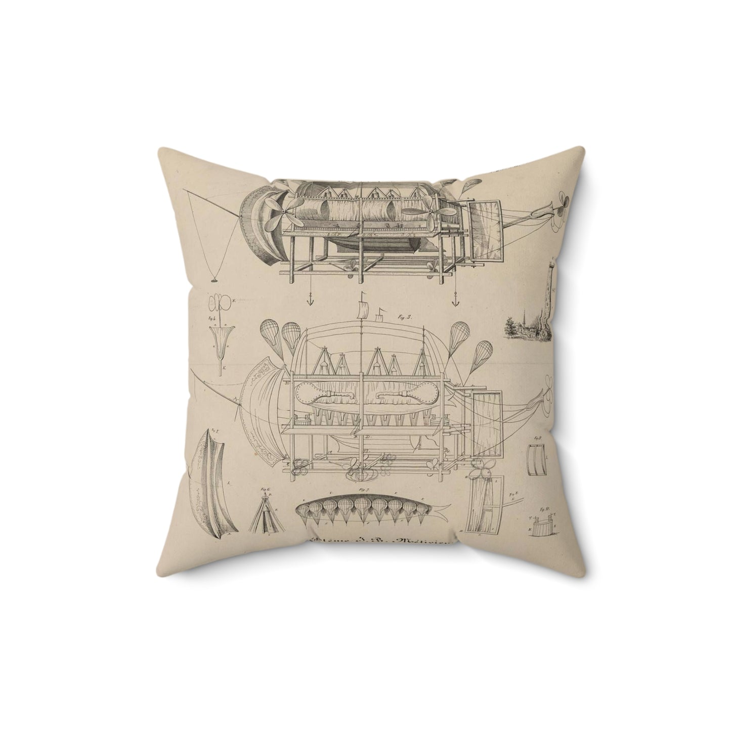 Patent drawing - Navire aérien dirigeable. Systême J.B. Métivier, force ascensionnelle 90,000 kos. Public domain image Decorative Accent Square Pillow