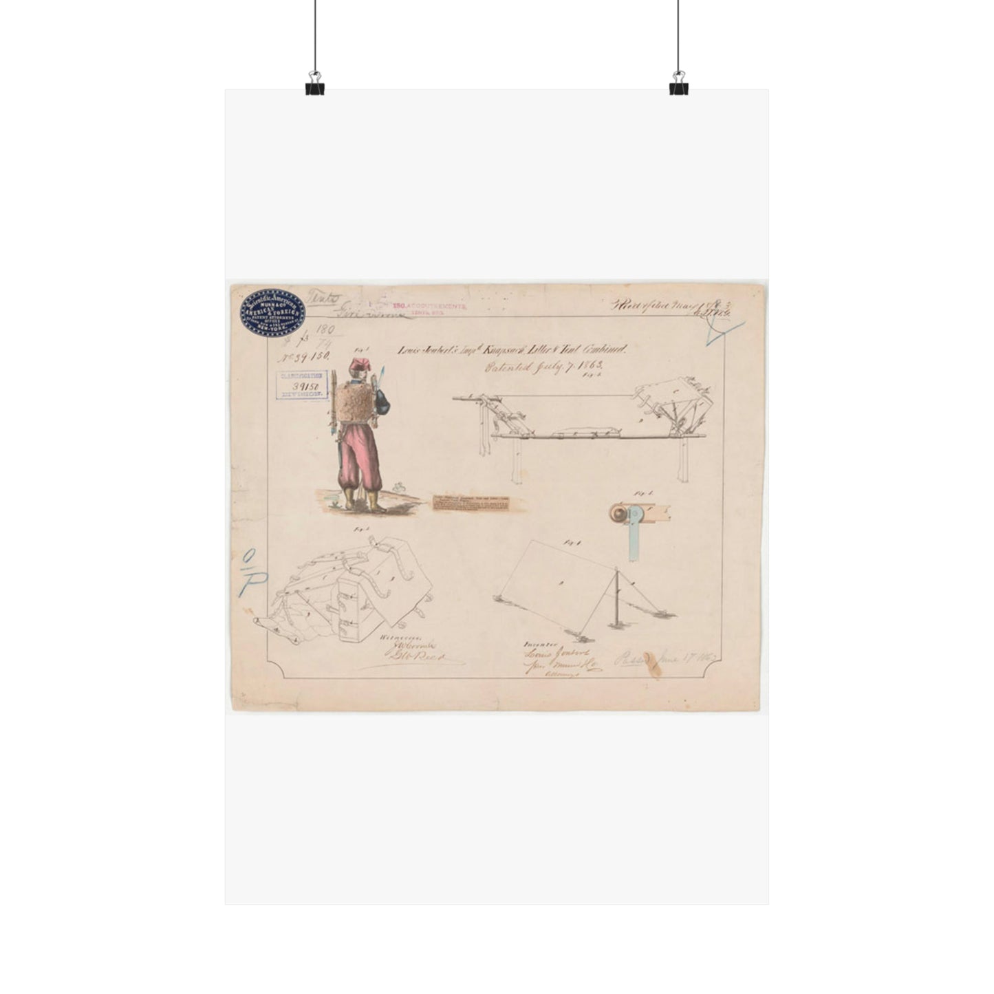 Patent drawing - Drawing of Improved Knapsack, Litter and Tent Combined Public domain image High Quality Matte Wall Art Poster for Home, Office, Classroom