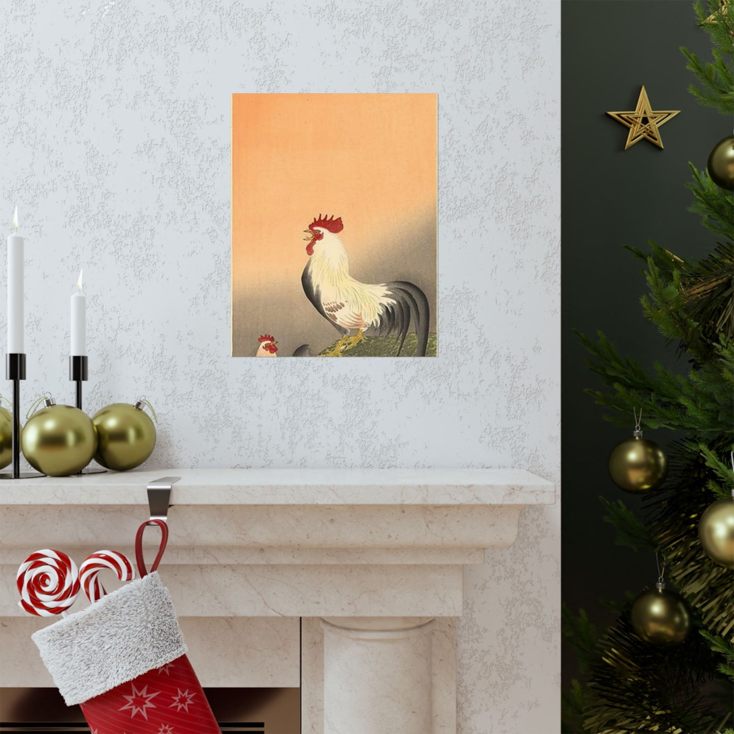 Koson - rooster-and-hen-at-sunrise, Ohara Koson High Quality Matte Wall Art Poster for Home, Office, Classroom
