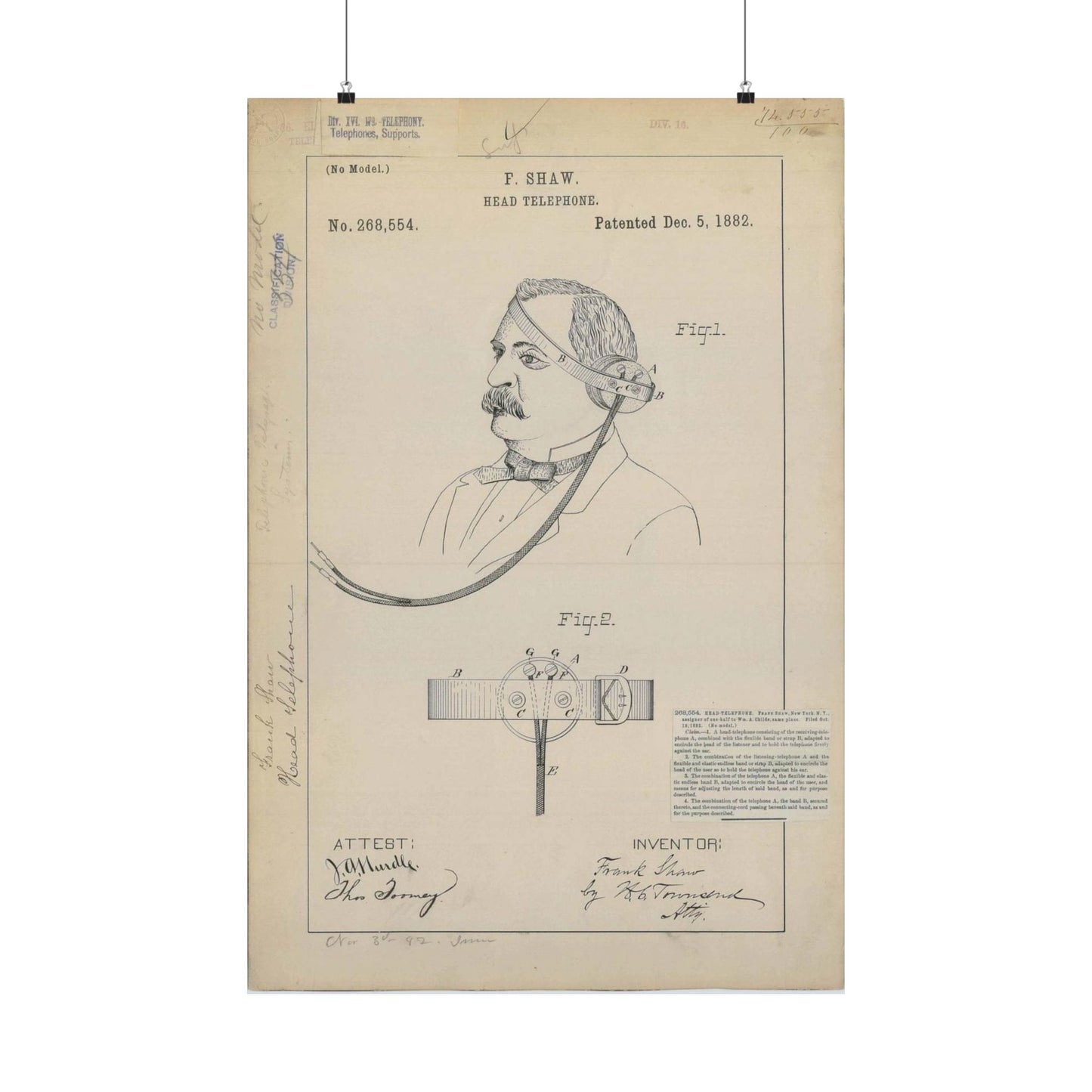 Patent drawing - for F. Shaw's Head Telephone Public domain image High Quality Matte Wall Art Poster for Home, Office, Classroom