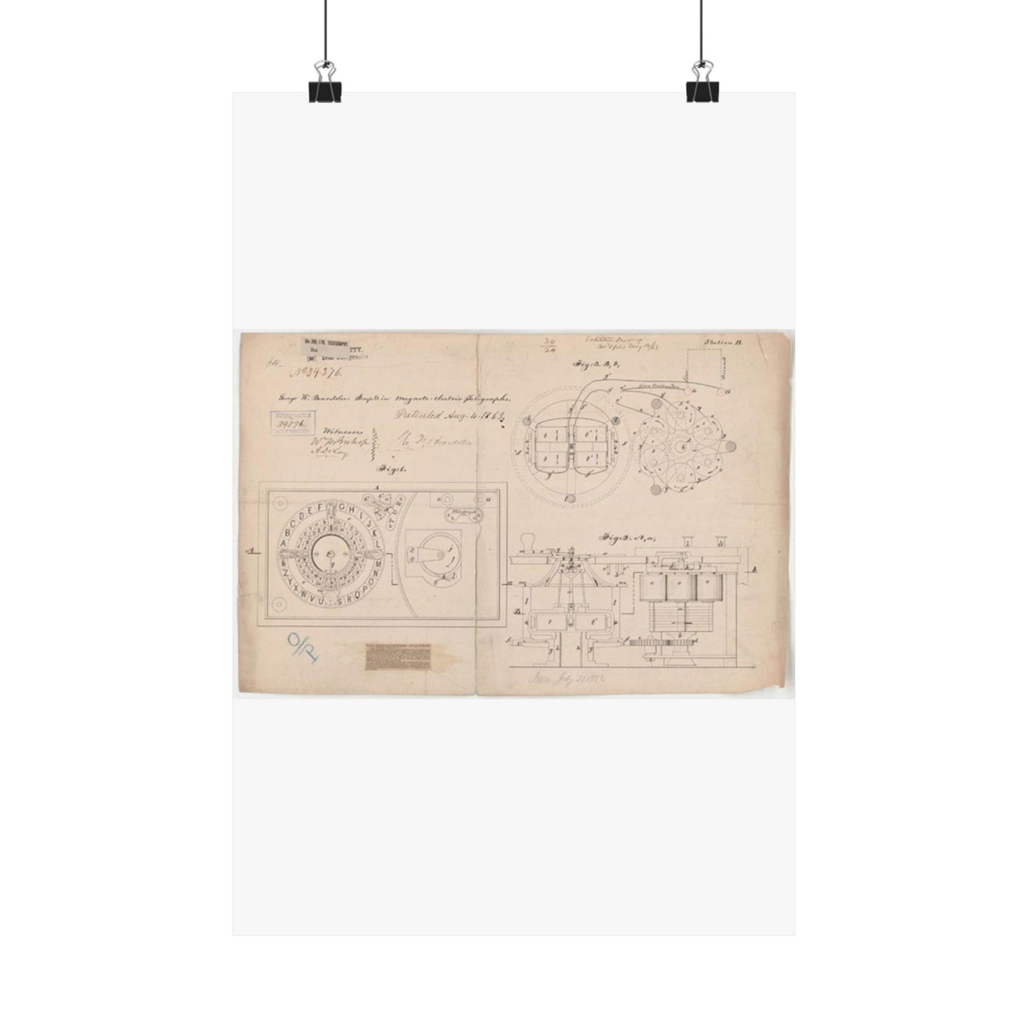 Patent drawing - Drawing of Improvements in Magneto-electric Telegraphs Public domain image High Quality Matte Wall Art Poster for Home, Office, Classroom