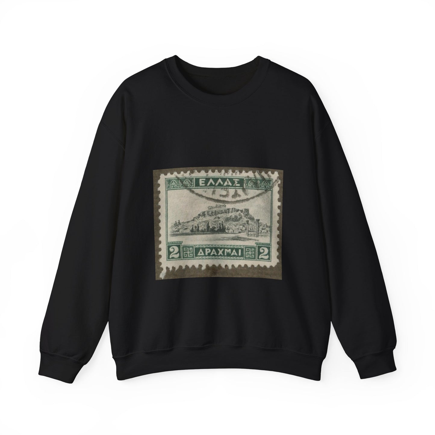 Frimärke ur Gösta Bodmans filatelistiska motivsamling, påbörjad 1950.Frimärke från Grekland, 1927. Motiv av Akropolis. Black Heavy Blend Adult Crew Neck SweatShirt