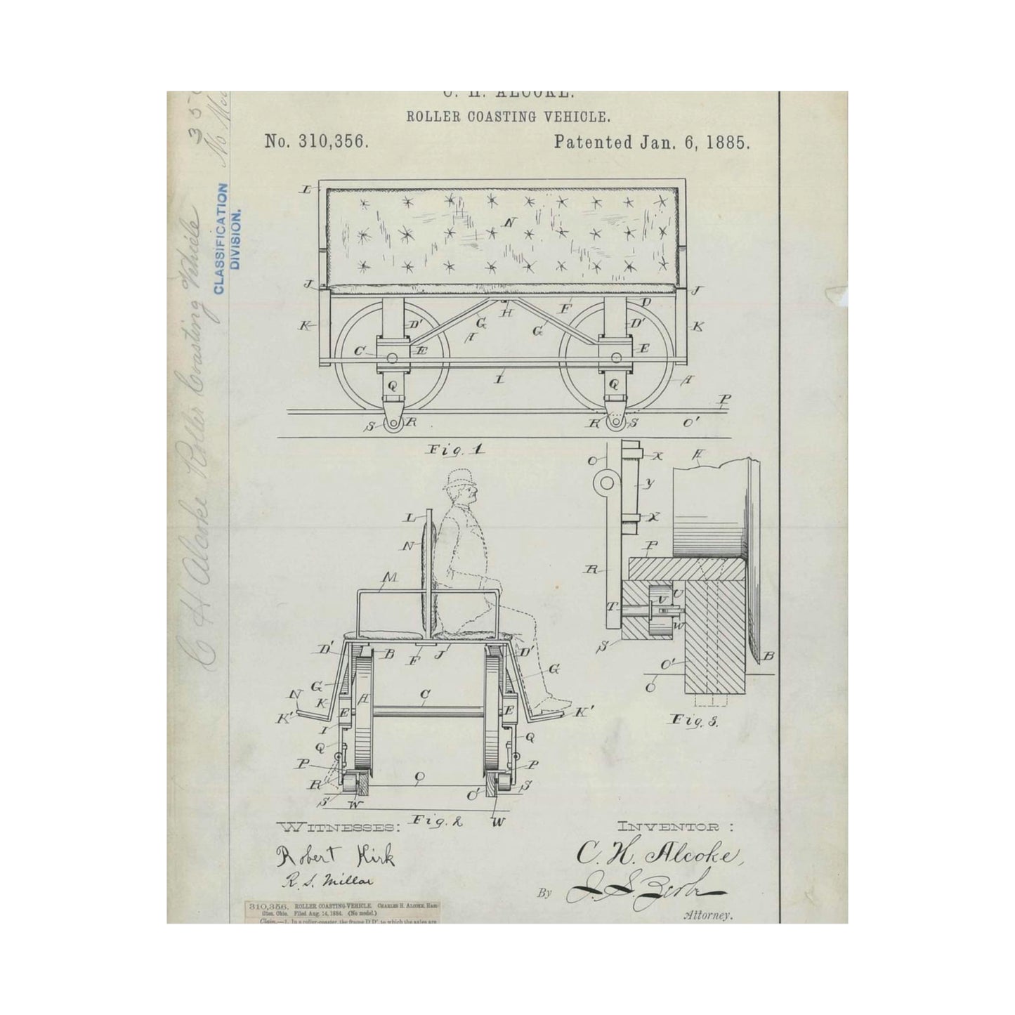 Patent Drawing of Engine - for C. H. Alcoke's Roller Coasting Vehicle Public domain image High Quality Matte Wall Art Poster for Home, Office, Classroom