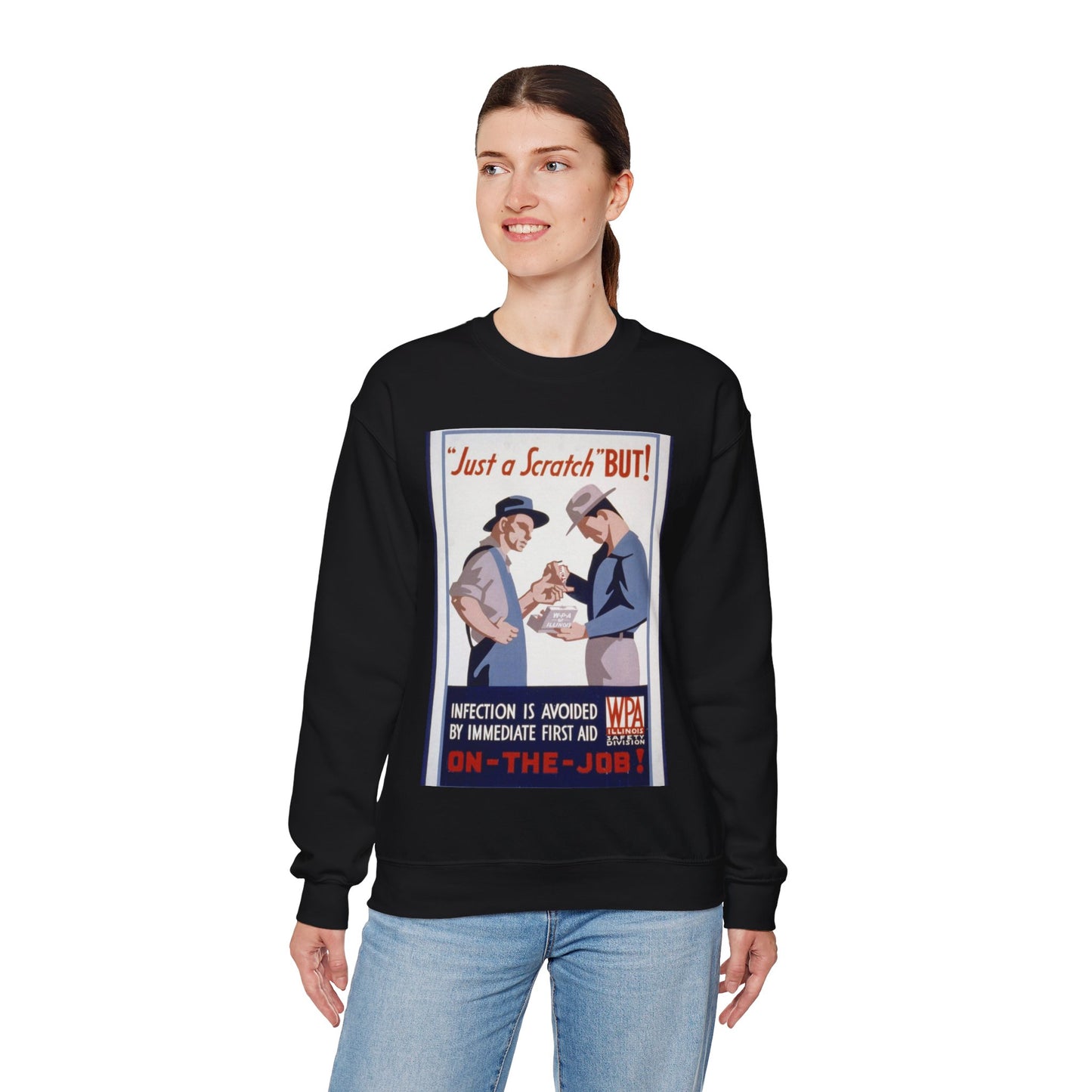 "Just a scratch" But! Infection is avoided by immediate first aid on-the-job! Black Heavy Blend Adult Crew Neck SweatShirt
