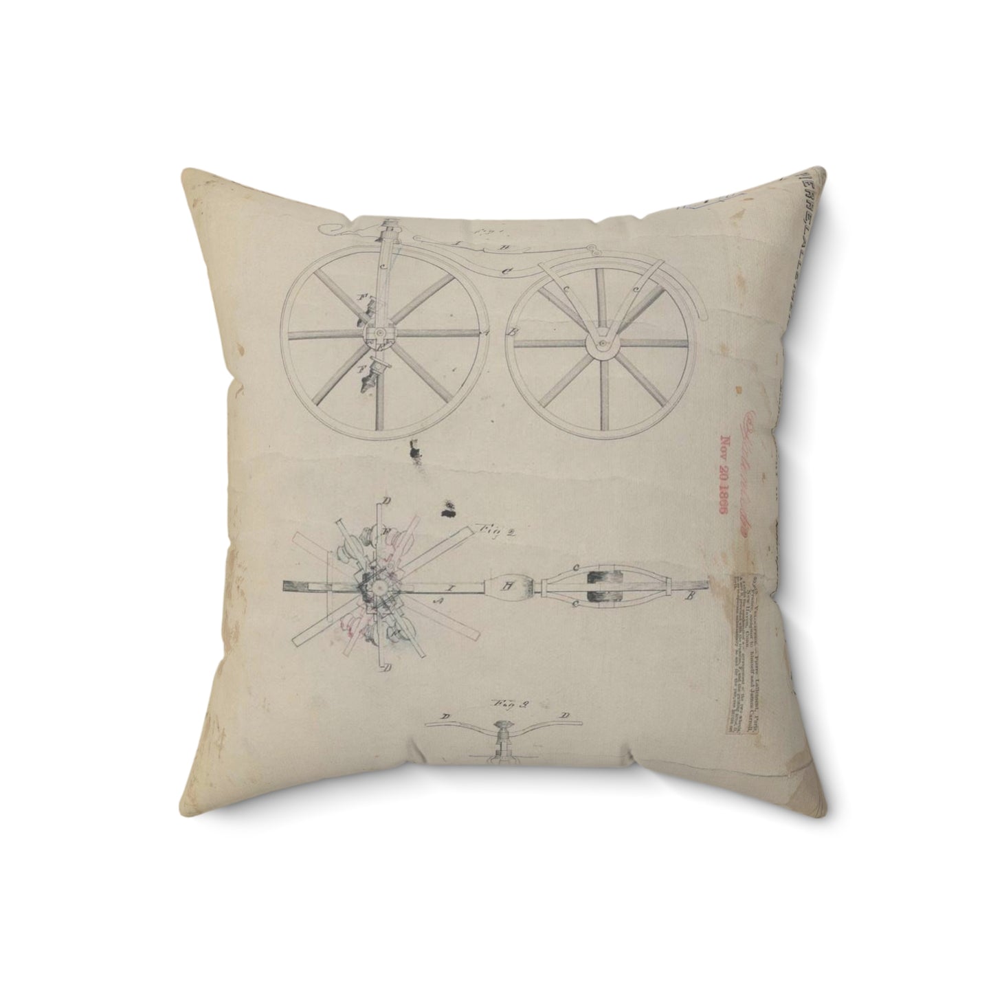 Patent drawing - for Pierre Lallement's Improvement in Velocipedes Public domain image Decorative Accent Square Pillow
