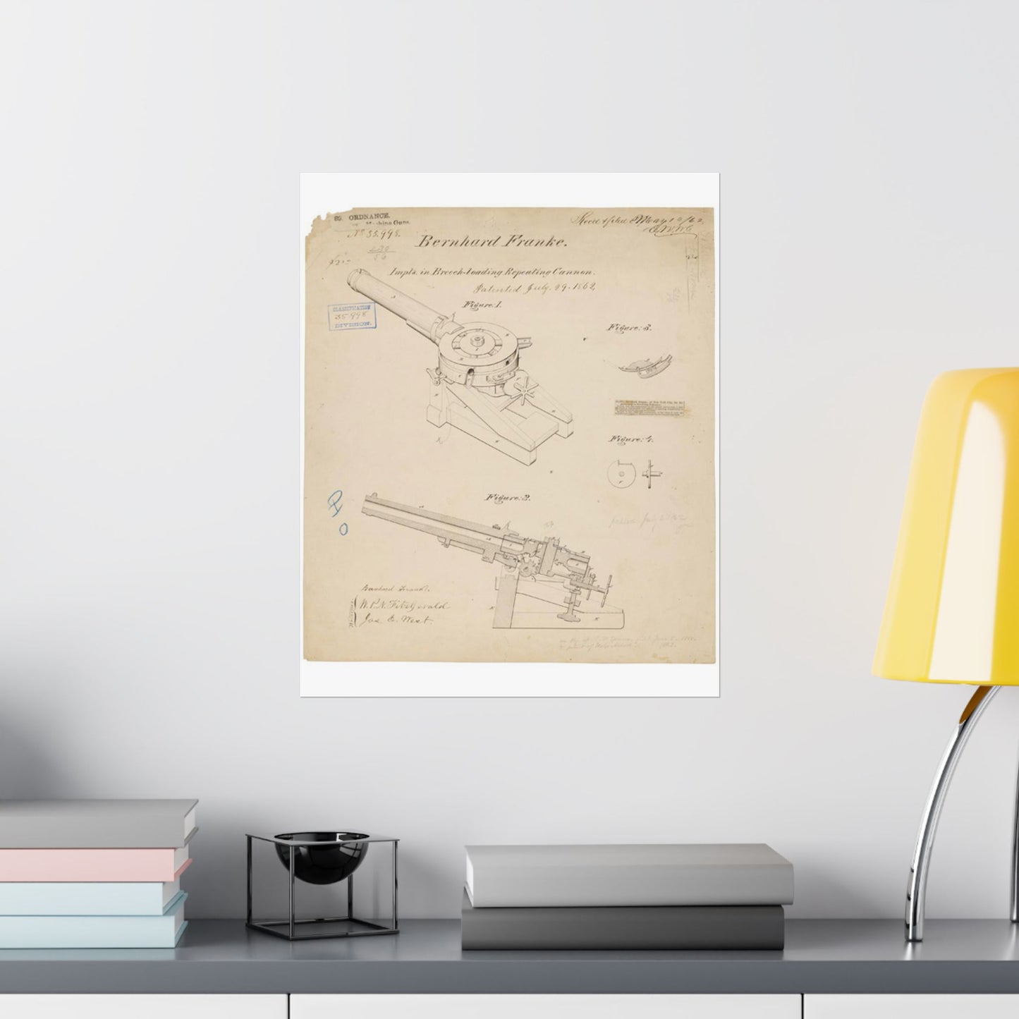 Patent drawing - Drawing of Improvements in Breech-Loading Repeating Cannon Public domain image High Quality Matte Wall Art Poster for Home, Office, Classroom