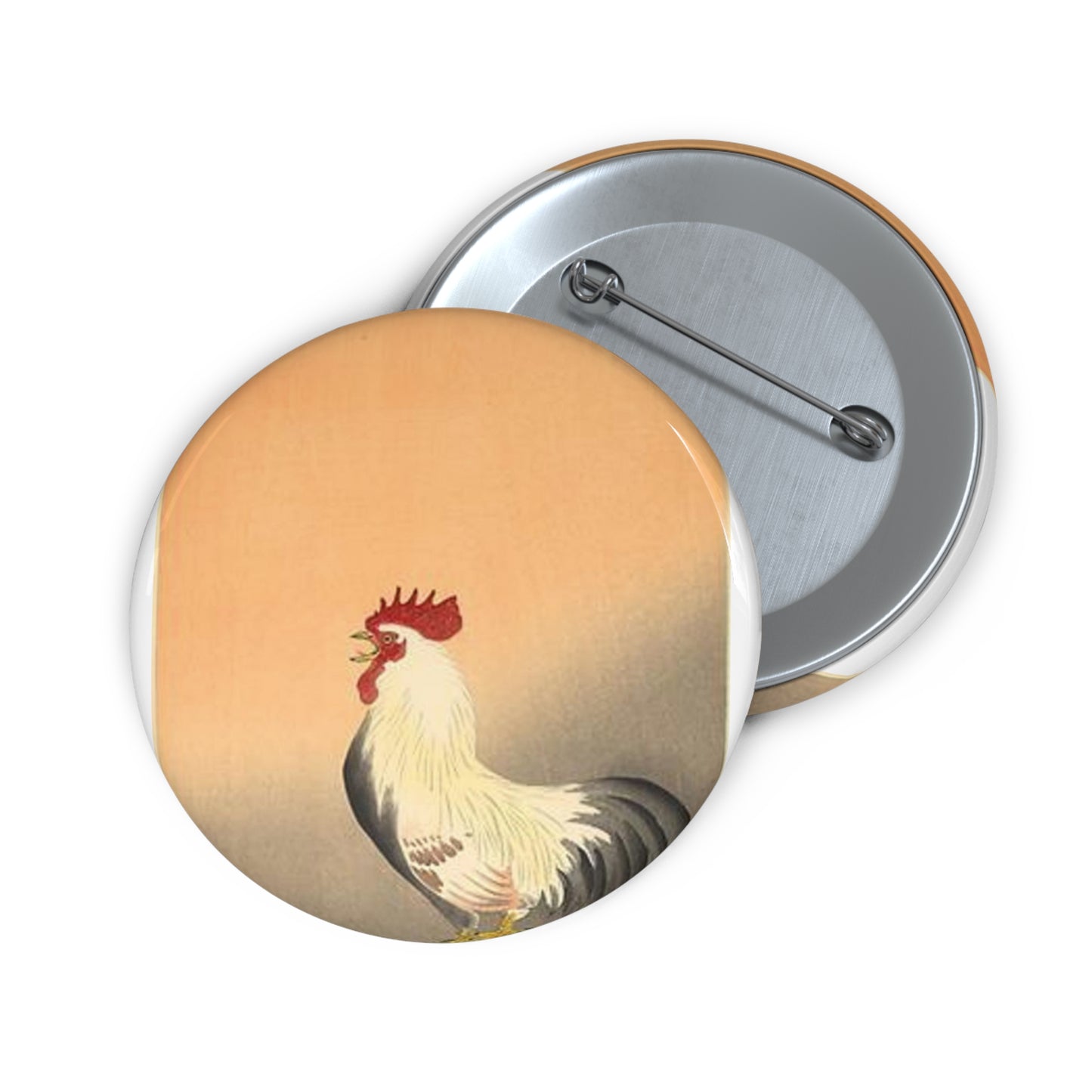 Koson - rooster-and-hen-at-sunrise, Ohara Koson Pin Buttons with Crisp Design