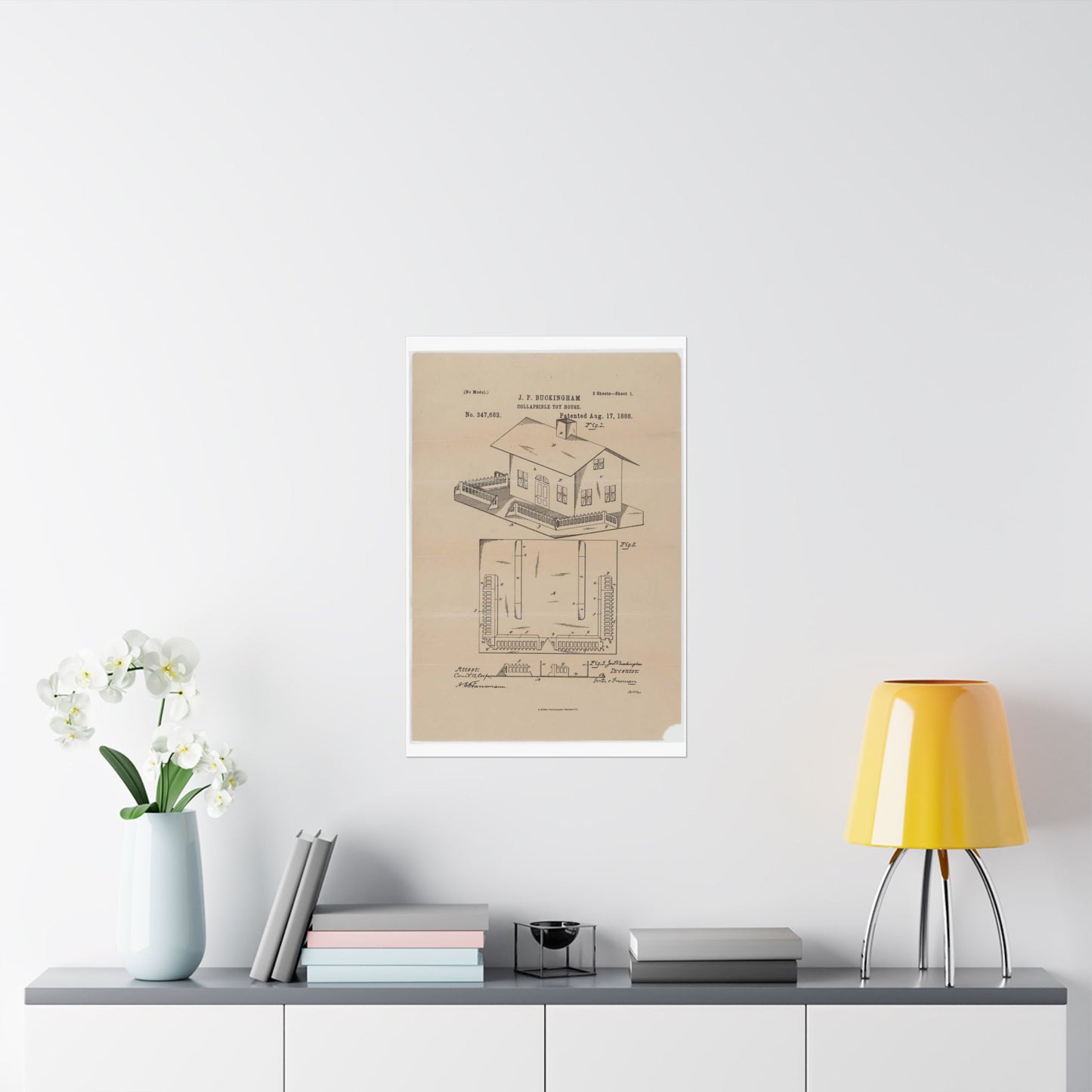 Patent Drawing of Engine - Drawing for a Collapsible Toy House Public domain image High Quality Matte Wall Art Poster for Home, Office, Classroom