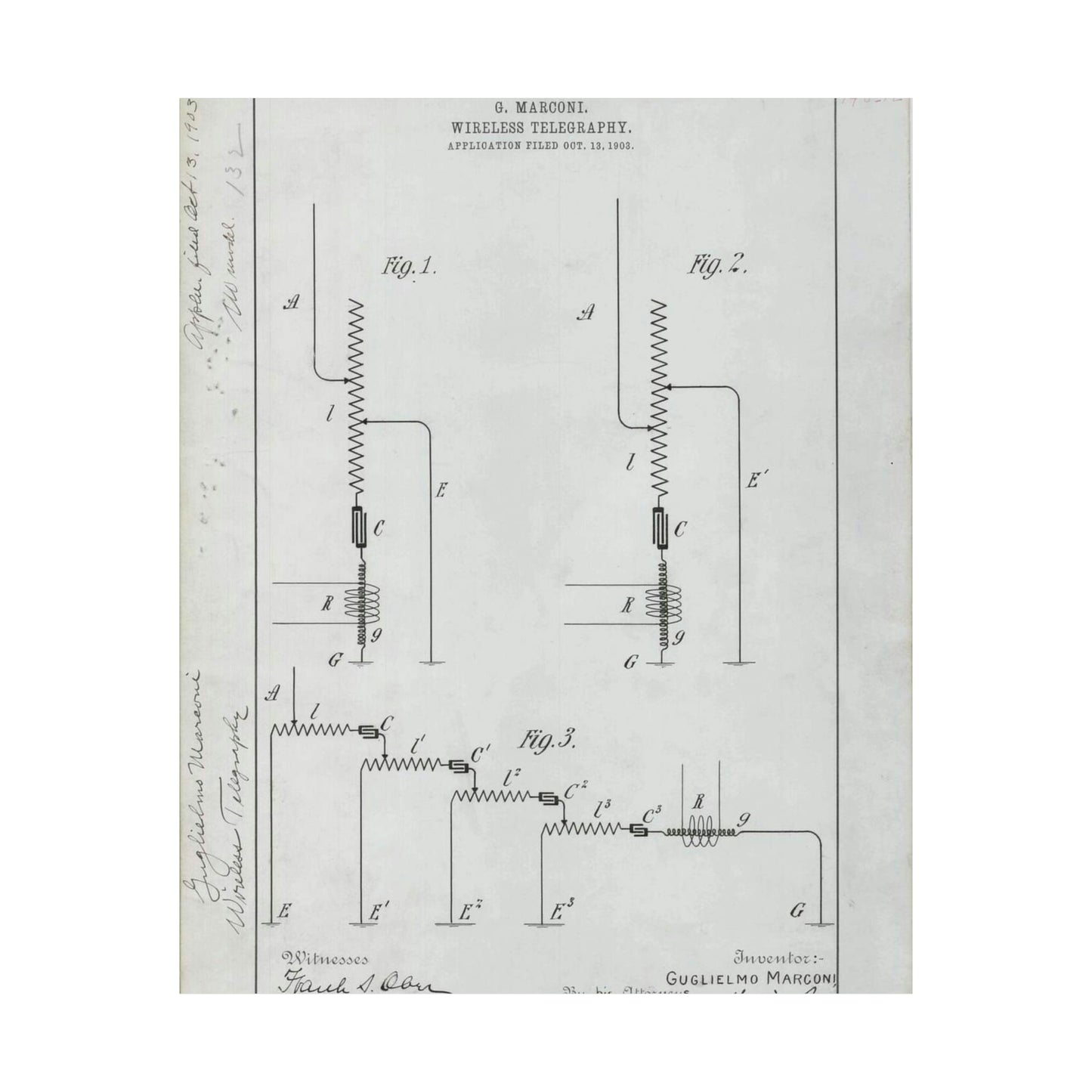 Patent drawing - for G. Marconi's Wireless Telegraphy Public domain image High Quality Matte Wall Art Poster for Home, Office, Classroom