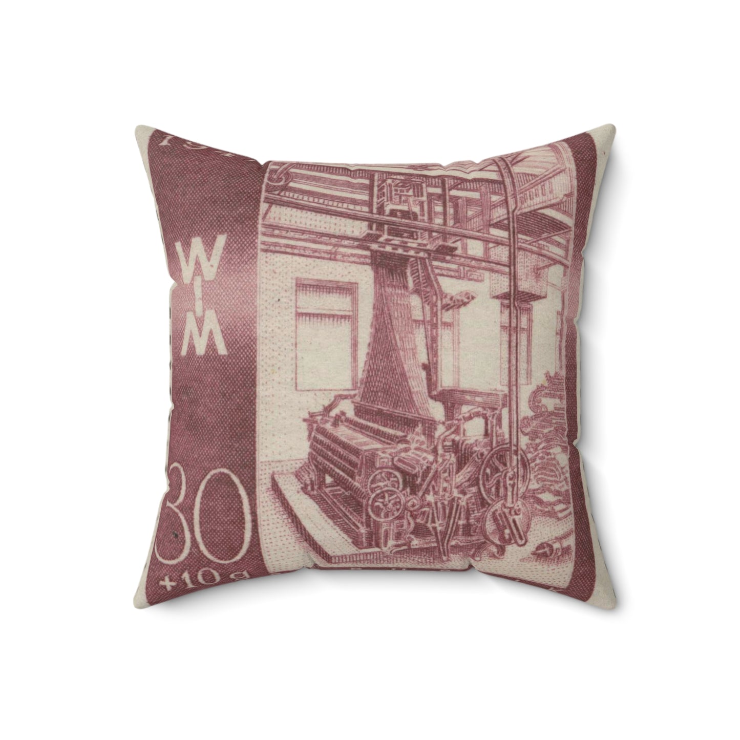 Frimärke ur Gösta Bodmans filatelistiska motivsamling, påbörjad 1950.Frimärke från Österrike, 1947. Motiv av jacquardvävstol i Österrike 1947. "Wienermässan 1947" Decorative Accent Square Pillow