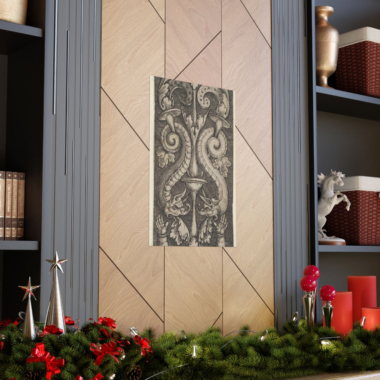 Vertical Panel with a Candelabrum Stemming from a Leaf-Faced Grostesque at Bottom High Quality Matte Wall Art Poster for Home, Office, Classroom