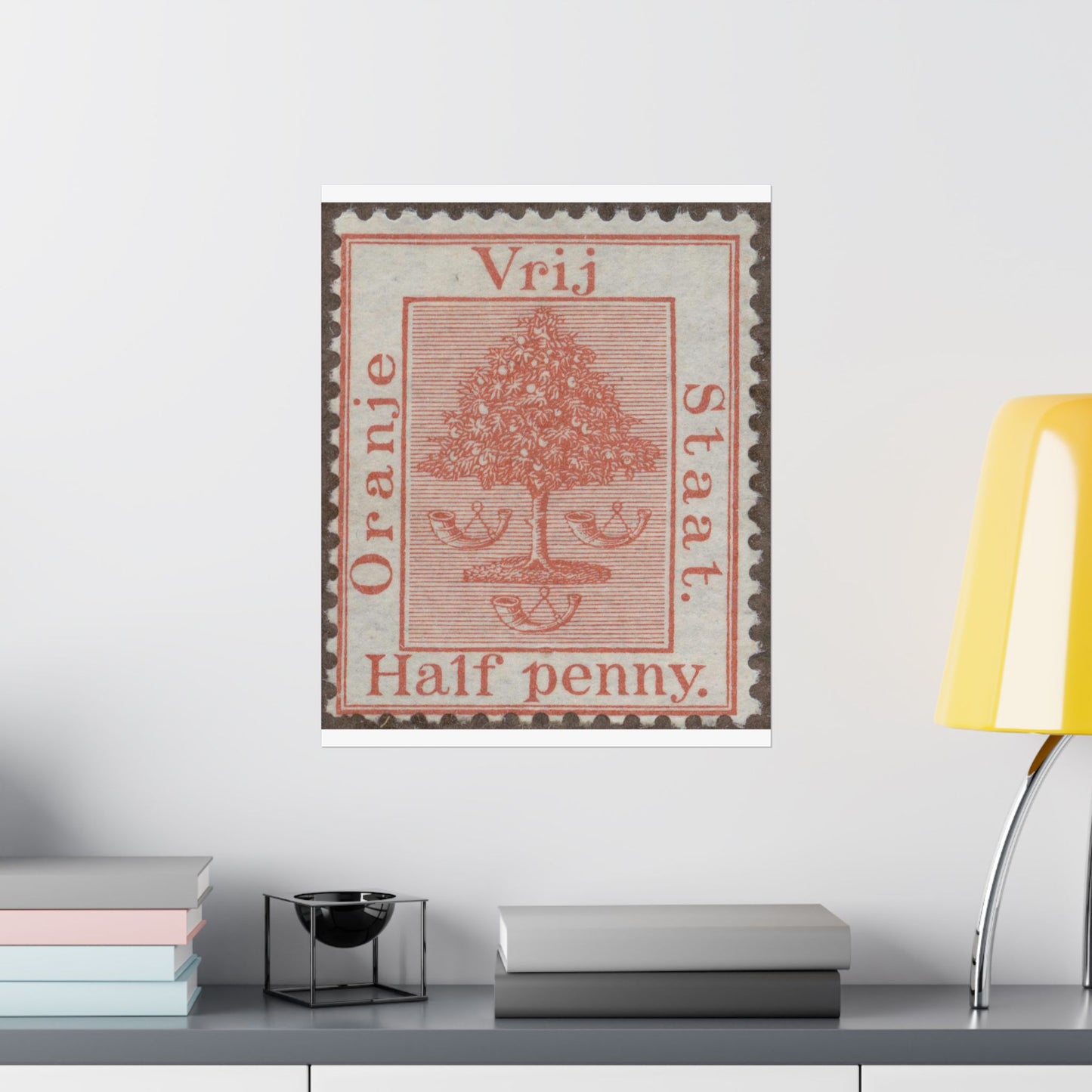 Frimärke ur Gösta Bodmans filatelistiska motivsamling, påbörjad 1950.Frimärke från Oranje -Fristaten. Motiv av apelsinträd med frukter och posthorn. High Quality Matte Wall Art Poster for Home, Office, Classroom