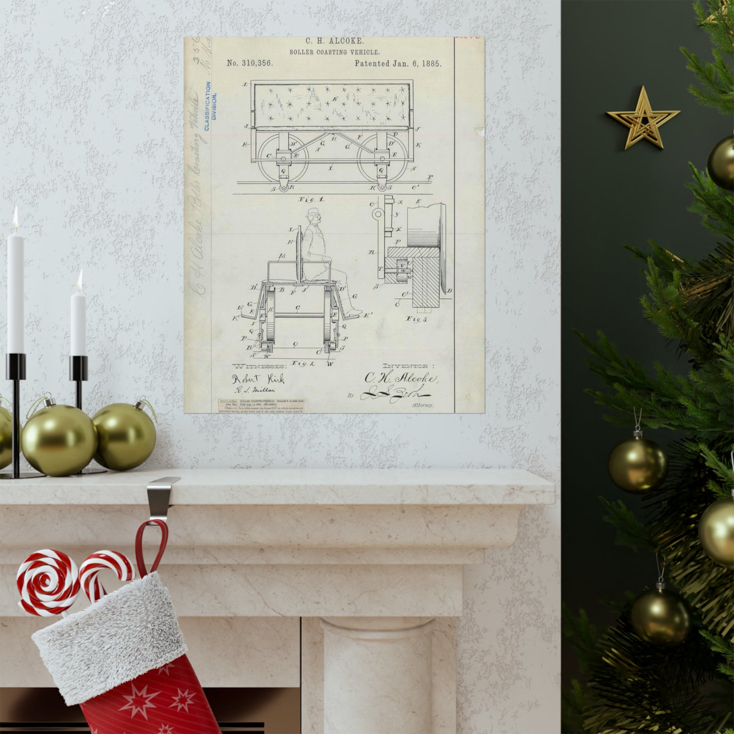 Patent Drawing of Engine - for C. H. Alcoke's Roller Coasting Vehicle Public domain image High Quality Matte Wall Art Poster for Home, Office, Classroom