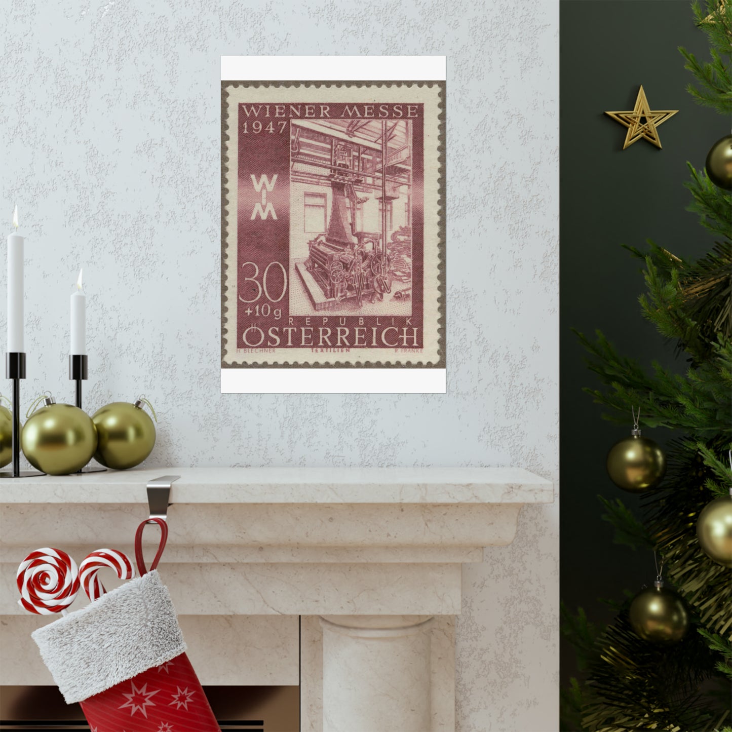 Frimärke ur Gösta Bodmans filatelistiska motivsamling, påbörjad 1950.Frimärke från Österrike, 1947. Motiv av jacquardvävstol i Österrike 1947. "Wienermässan 1947" High Quality Matte Wall Art Poster for Home, Office, Classroom