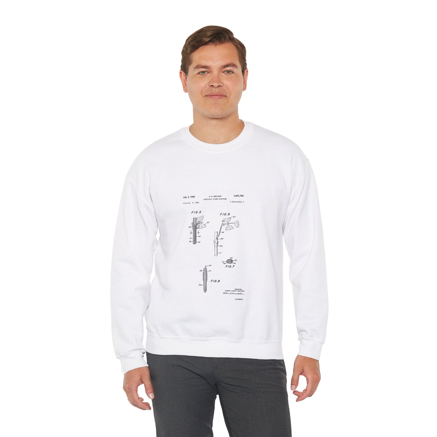 Patent Case File No. 3,041,766, Artificial Flower Structure, Inventor- Andre Emile Decamp. - DPLA - 5b42c14167aa06231801b6160e85e41a (page 8) White Heavy Blend Adult Crew Neck SweatShirt