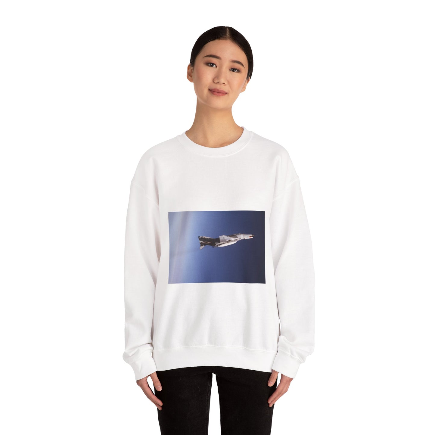An air-to-air right side view of a 497th Tactical Fighter Squadron F-4E Phantom II aircraft in a vertical climb during Exercise TEAM SPIRIT'86. The aircraft is armed with an AIM-9 Sidewinder missile White Heavy Blend Adult Crew Neck SweatShirt