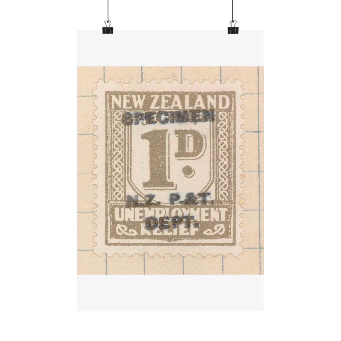 One penny Unemployment Relief stamp overprinted 'Specimen' High Quality Matte Wall Art Poster for Home, Office, Classroom