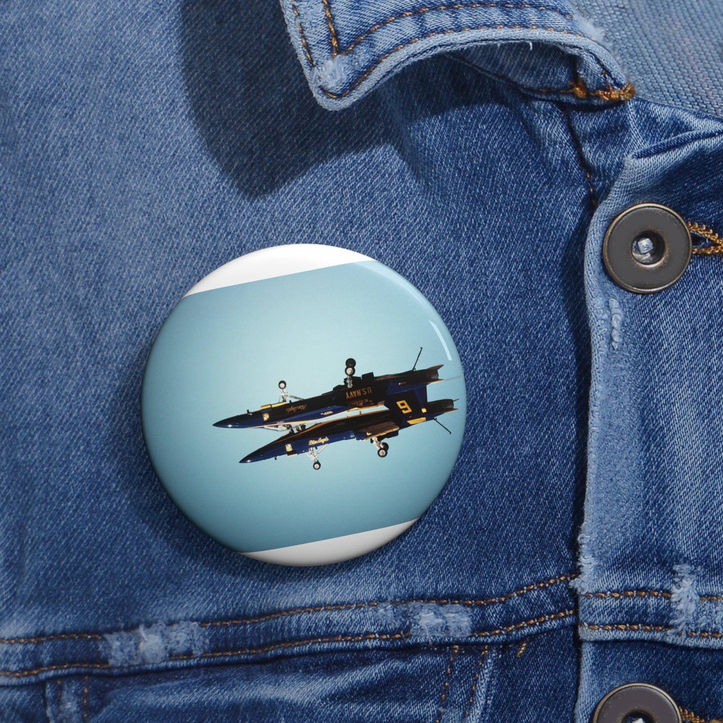 Two F/A-18A Hornet aircraft of the Blue Angels Flight Demonstration Squadron execute the Fortus maneuver during an air show Pin Buttons with Crisp Design