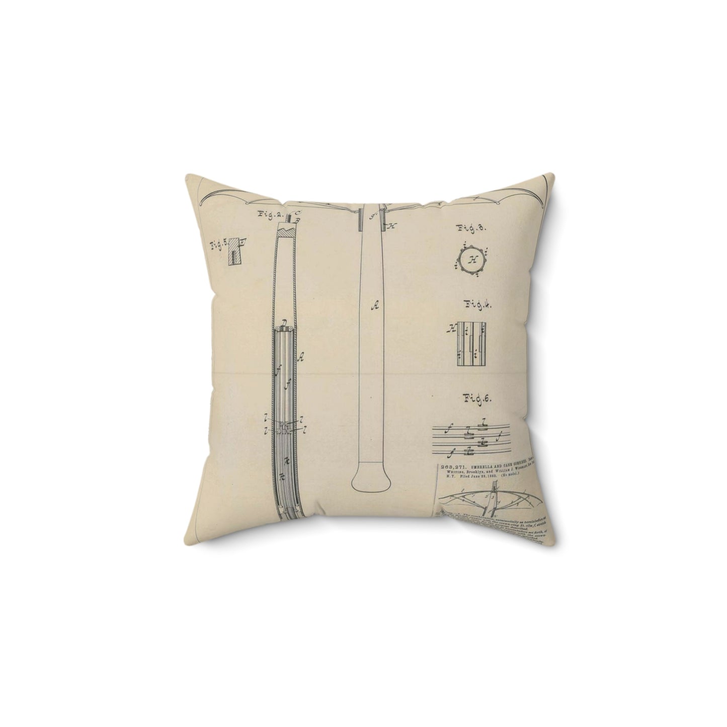 Patent drawing - for H. A. Whiting and W. J. Winghart's Umbrella and Cane Combined Public domain image Decorative Accent Square Pillow