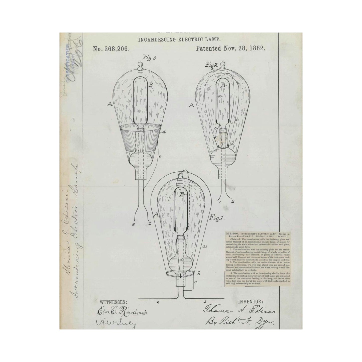 Patent drawing - for T. A. Edison's Incandescing Electric Lamp Public domain image High Quality Matte Wall Art Poster for Home, Office, Classroom