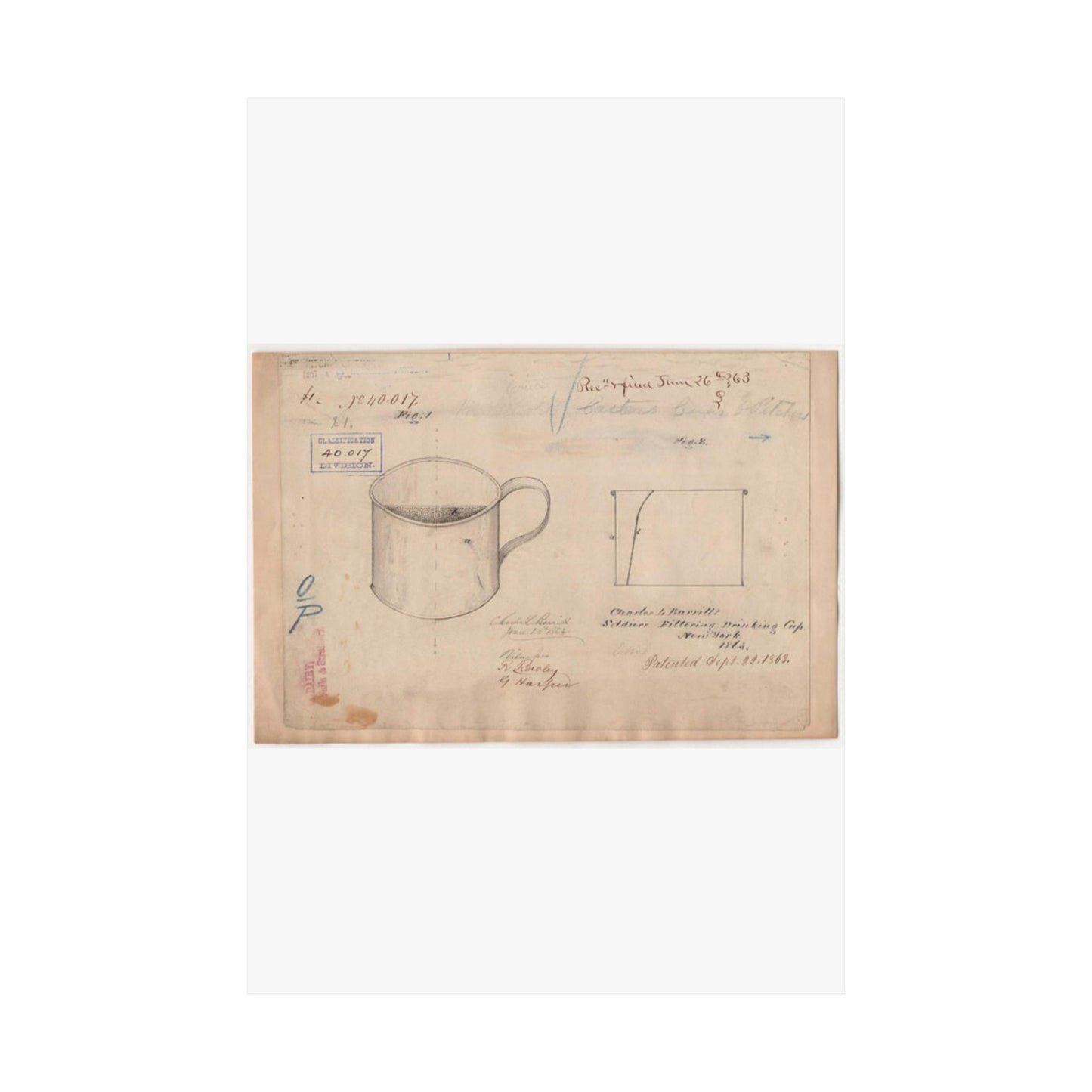 Patent drawing - Drawing of Soldiers Filtering Drinking Cup Public domain image High Quality Matte Wall Art Poster for Home, Office, Classroom