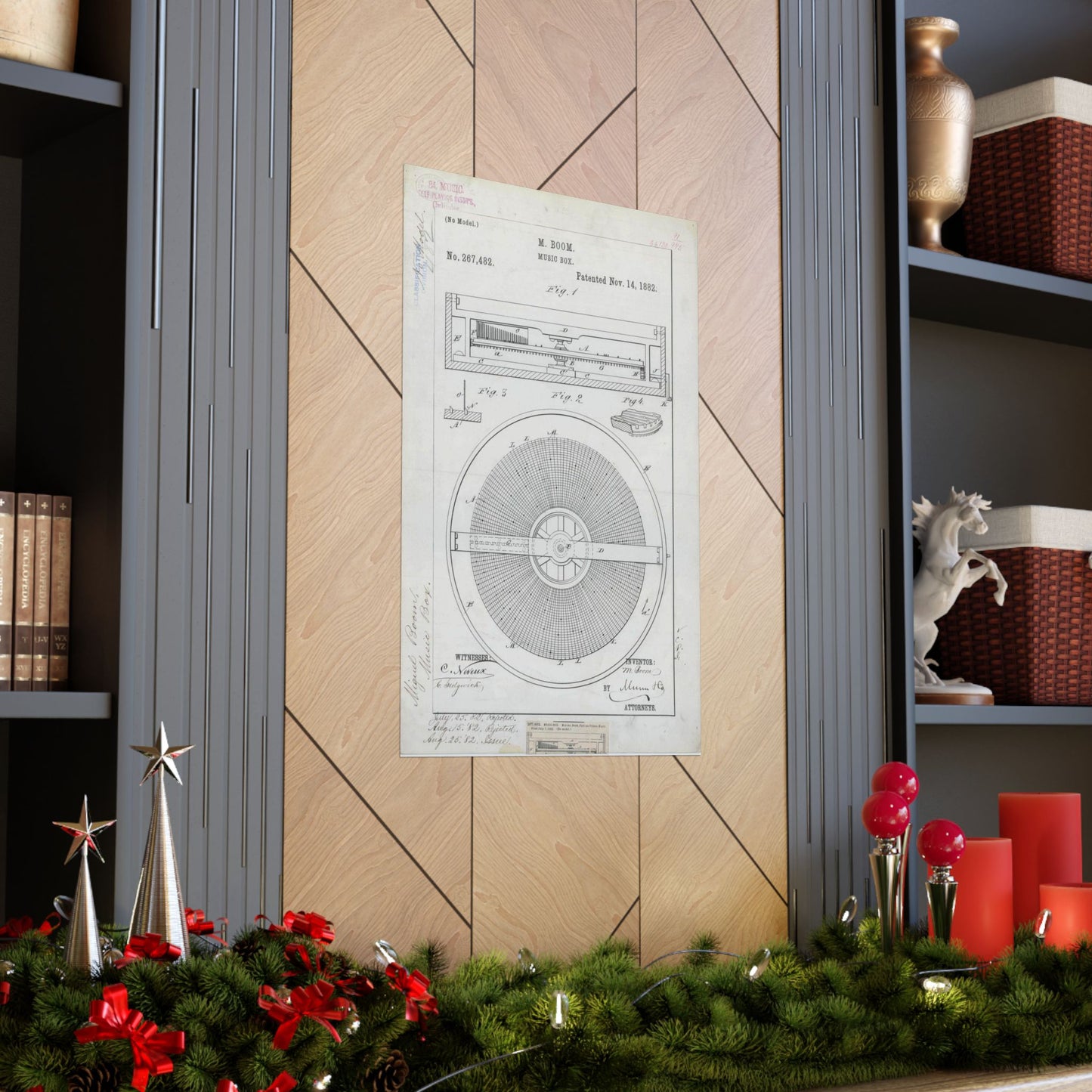 Patent Drawing of Engine - for M. Boom's Music Box Public domain image High Quality Matte Wall Art Poster for Home, Office, Classroom