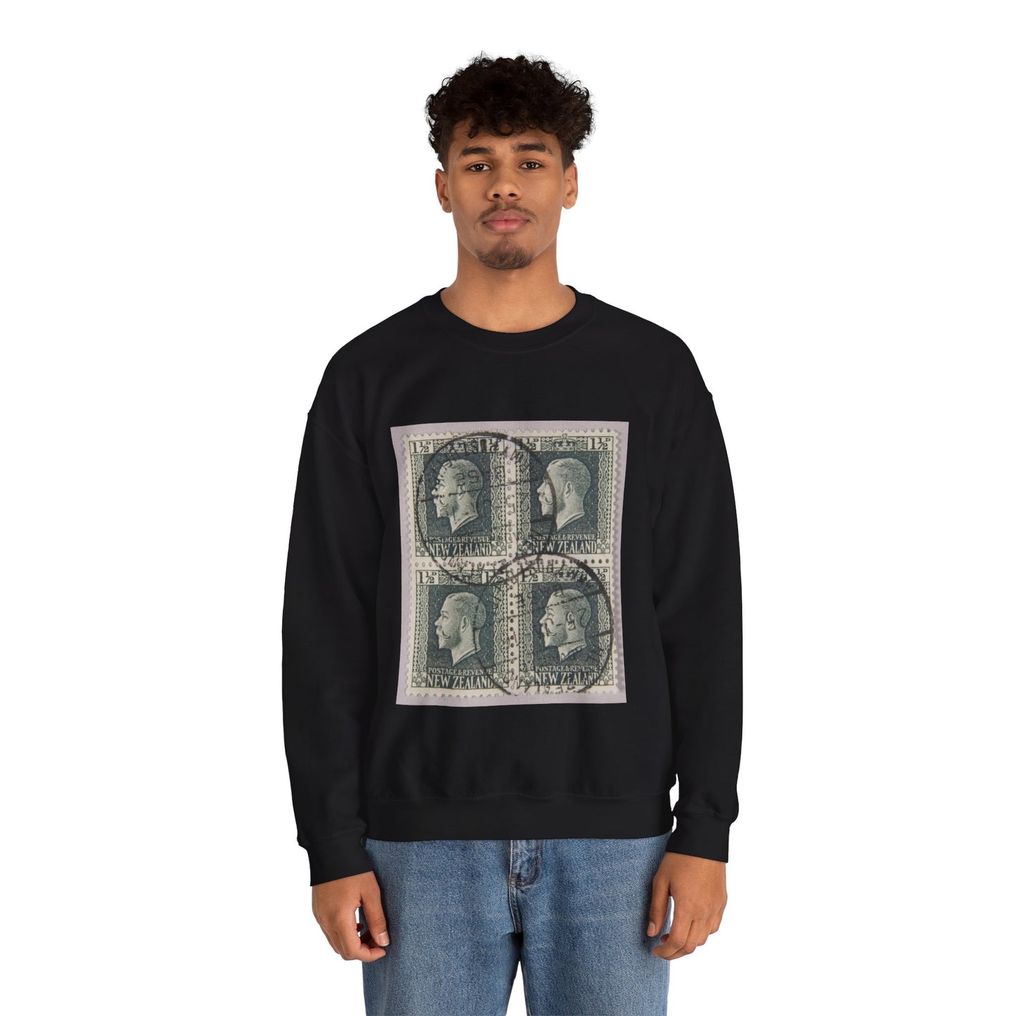 Block of one and a half penny 'King George V' definitive stamps in grey slate Black Heavy Blend Adult Crew Neck SweatShirt