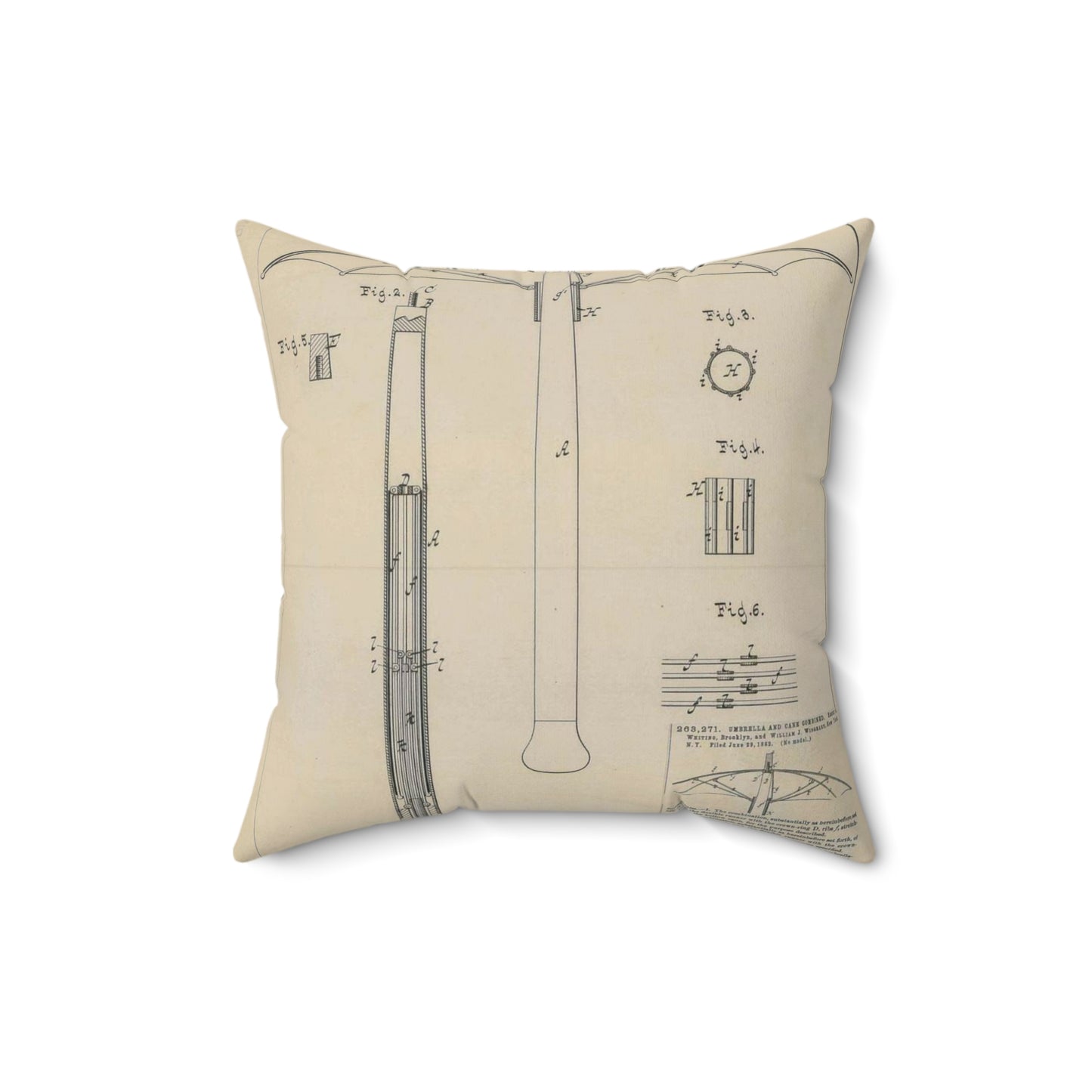 Patent drawing - for H. A. Whiting and W. J. Winghart's Umbrella and Cane Combined Public domain image Decorative Accent Square Pillow