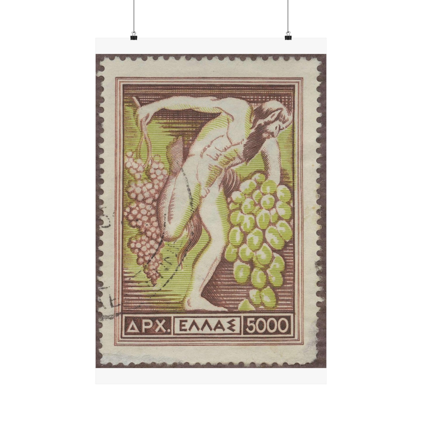 Frimärke ur Gösta Bodmans filatelistiska motivsamling, påbörjad 1950.Frimärke från Grekland, 1953. Motiv av Bacchus med vindruvsklasar. High Quality Matte Wall Art Poster for Home, Office, Classroom