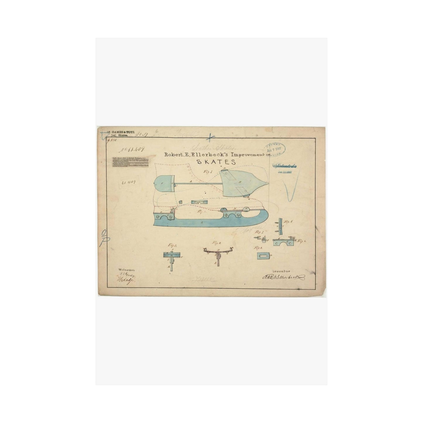 Patent drawing - Drawing of Improvement in Skates Public domain image High Quality Matte Wall Art Poster for Home, Office, Classroom