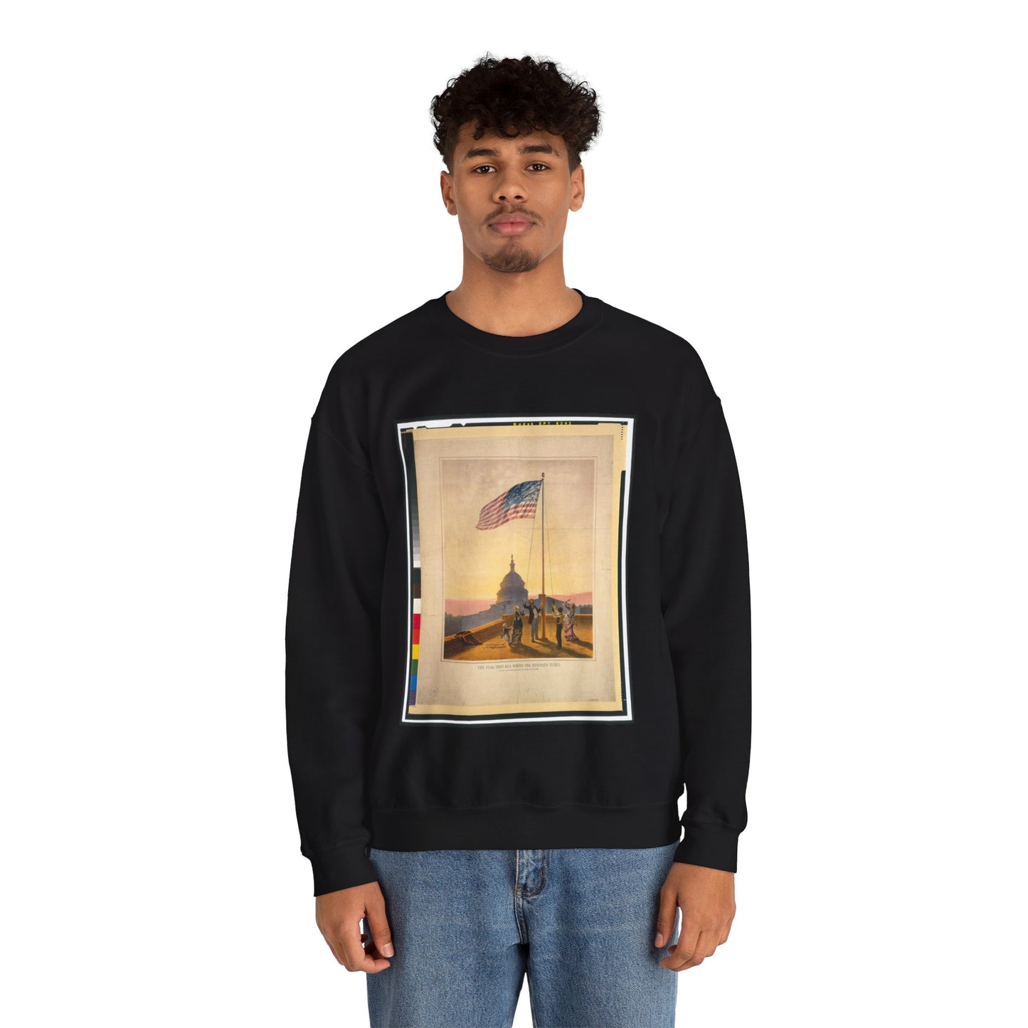 The flag that has waved one hundred years--A scene on the morning of the fourth day of July 1876 / Fabronius ; E.P. & L. Restein's oilchromo, Philadelphia. ; National Chromo Co. pub., Philadelphia. Black Heavy Blend Adult Crew Neck SweatShirt