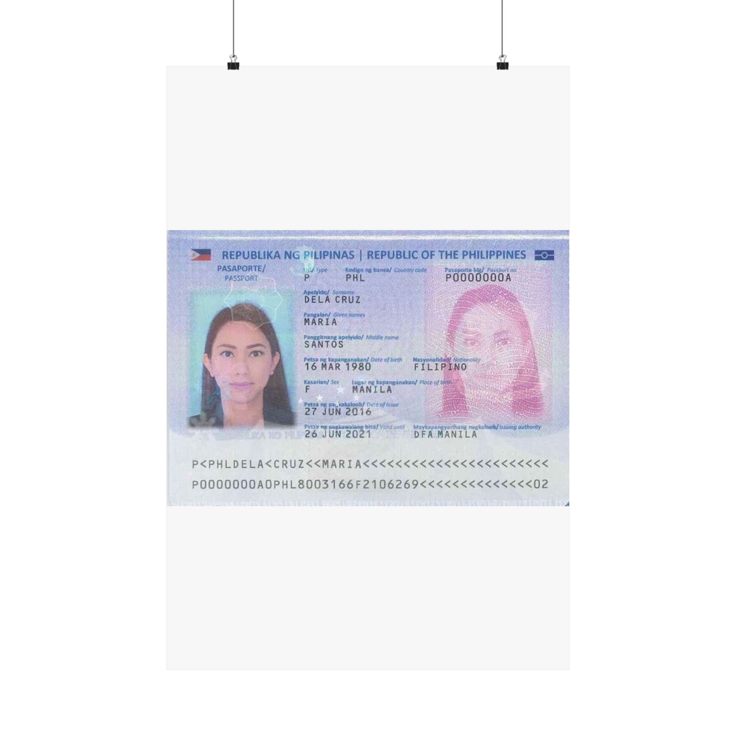 Philippine passport (2016 edition) data page (cropped) High Quality Matte Wall Art Poster for Home, Office, Classroom