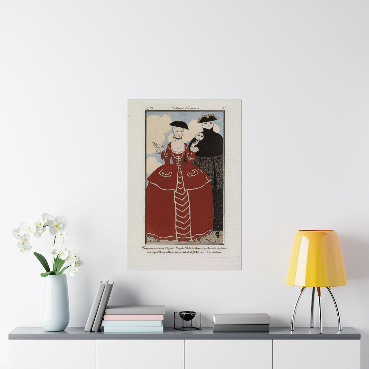 Fancy dress (Travestissement d'aprés Longhi - Robe de damas galonnée de blanc sur laquelle on jettera une baiite de taffetas noir et de dentelle) (CBL WEp 0847) High Quality Matte Wall Art Poster for Home, Office, Classroom