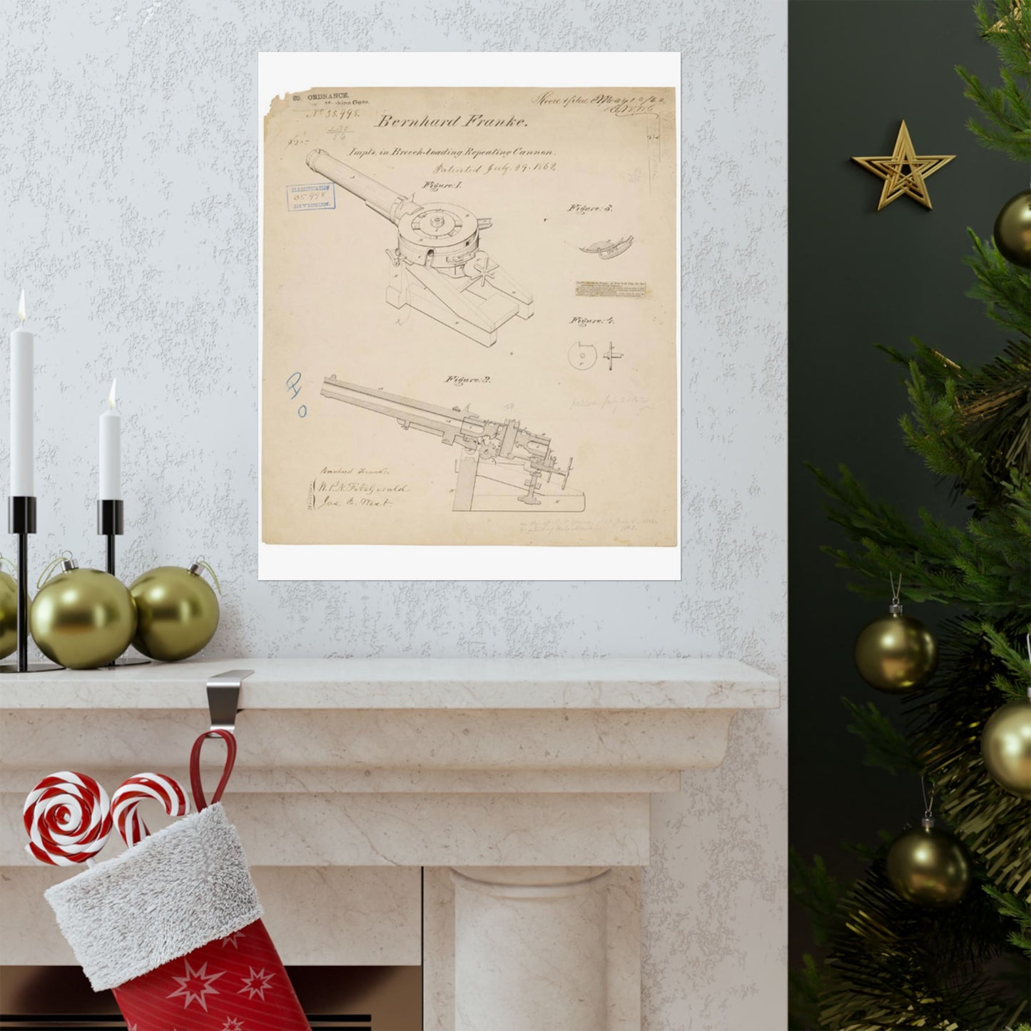 Patent drawing - Drawing of Improvements in Breech-Loading Repeating Cannon Public domain image High Quality Matte Wall Art Poster for Home, Office, Classroom