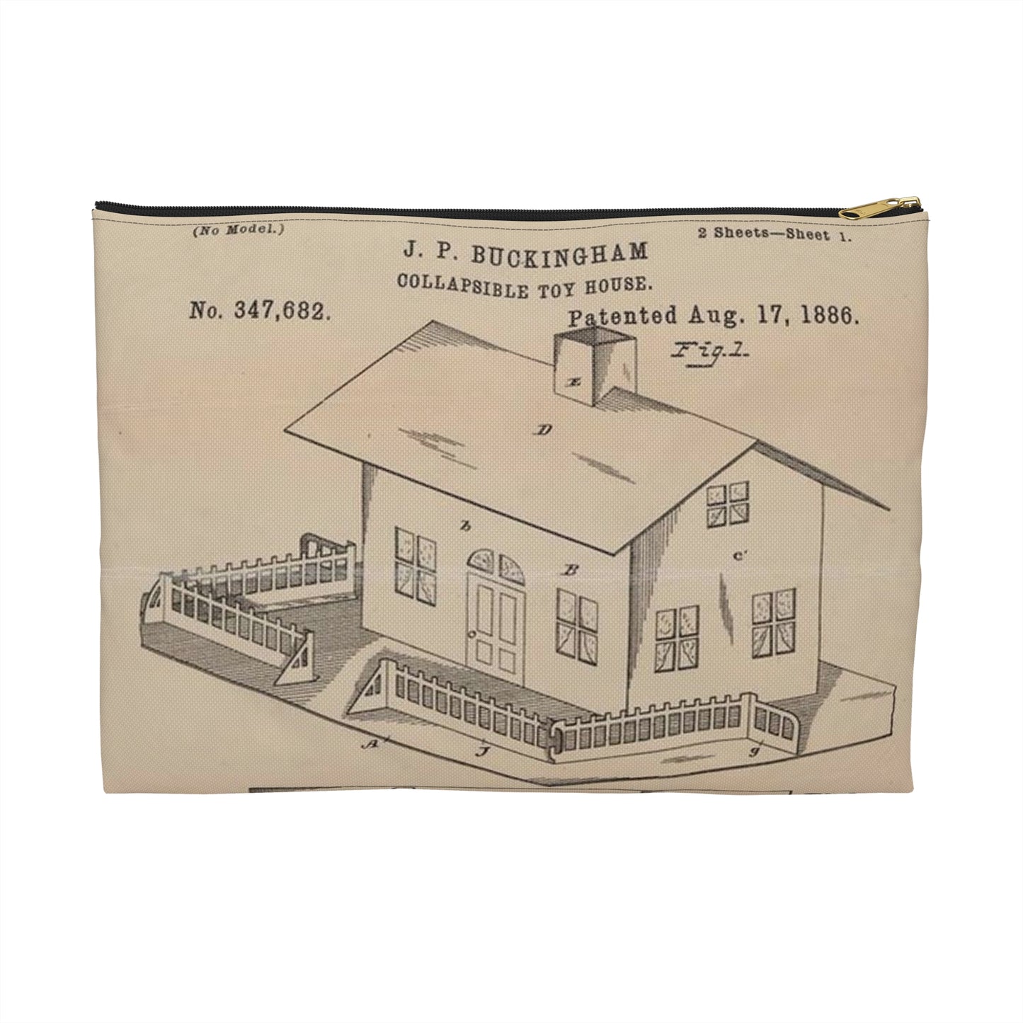 Patent Drawing of Engine - Drawing for a Collapsible Toy House Public domain image Large Organizer Pouch with Black Zipper