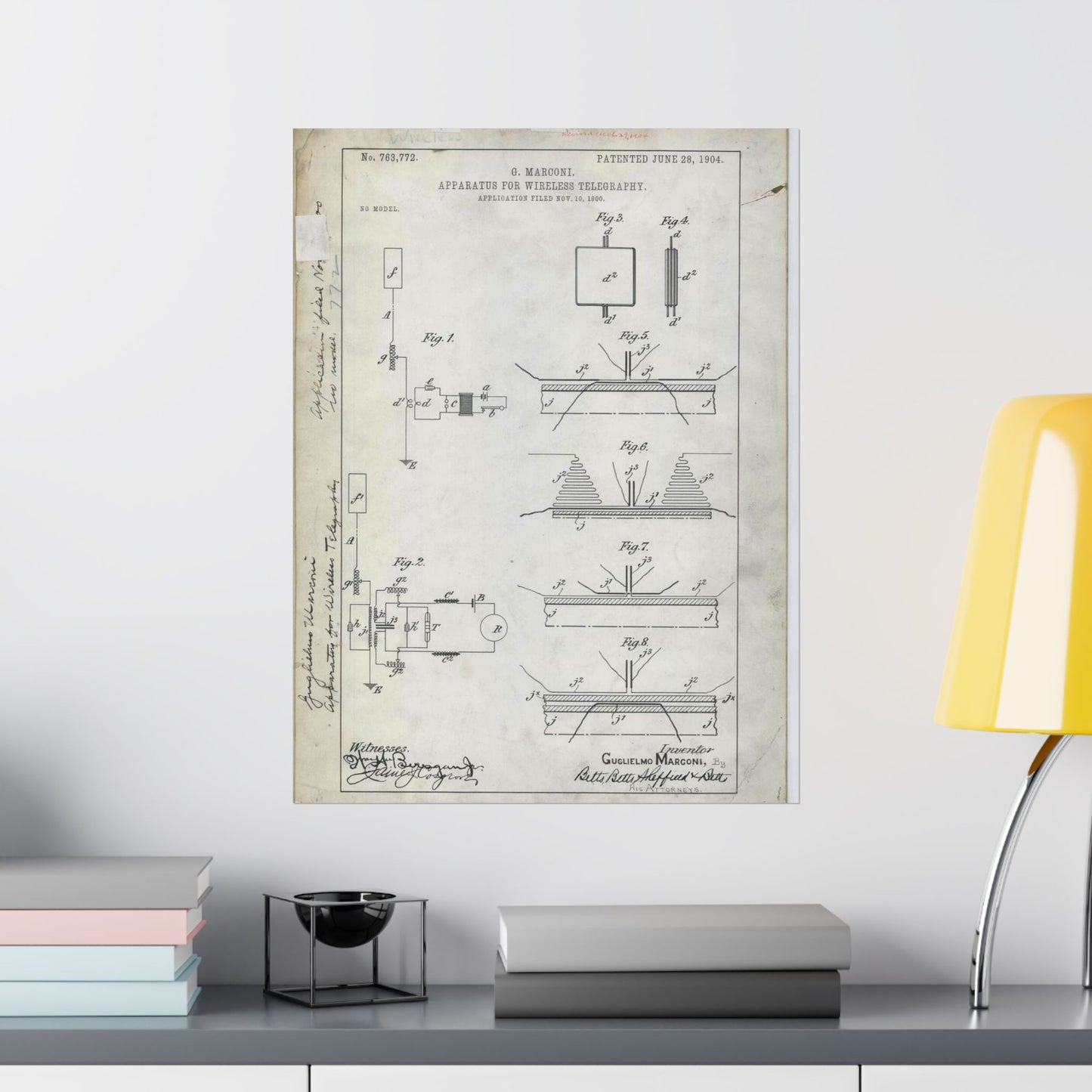 Patent drawing - for G. Marconi's Apparatus for Wireless Telegraphy Public domain image High Quality Matte Wall Art Poster for Home, Office, Classroom
