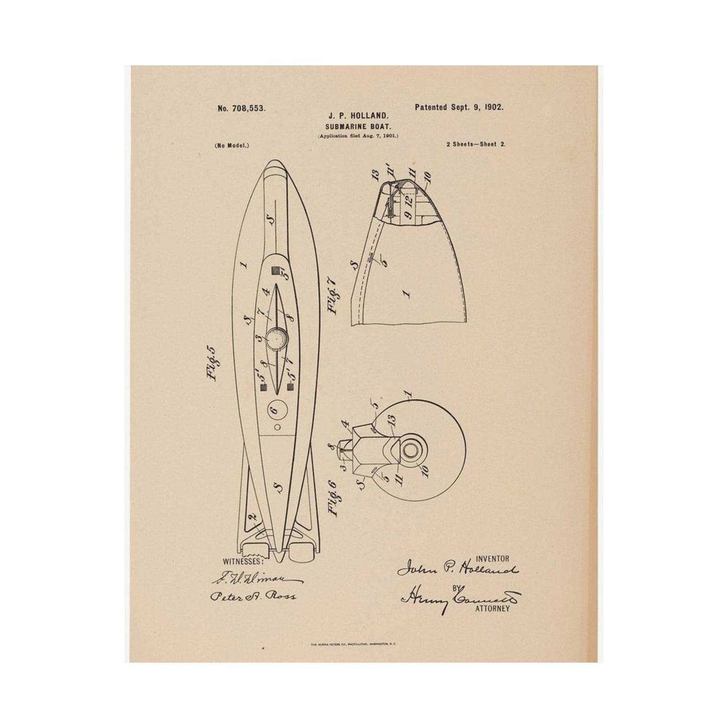Patent drawing - Drawing for a Submarine Boat Public domain image High Quality Matte Wall Art Poster for Home, Office, Classroom