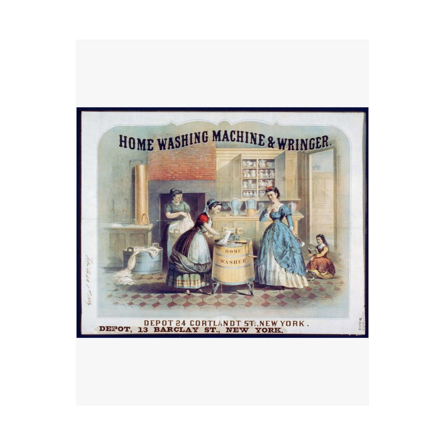 Home washing machine & wringer - A painting of women washing machines in a kitchen High Quality Matte Wall Art Poster for Home, Office, Classroom