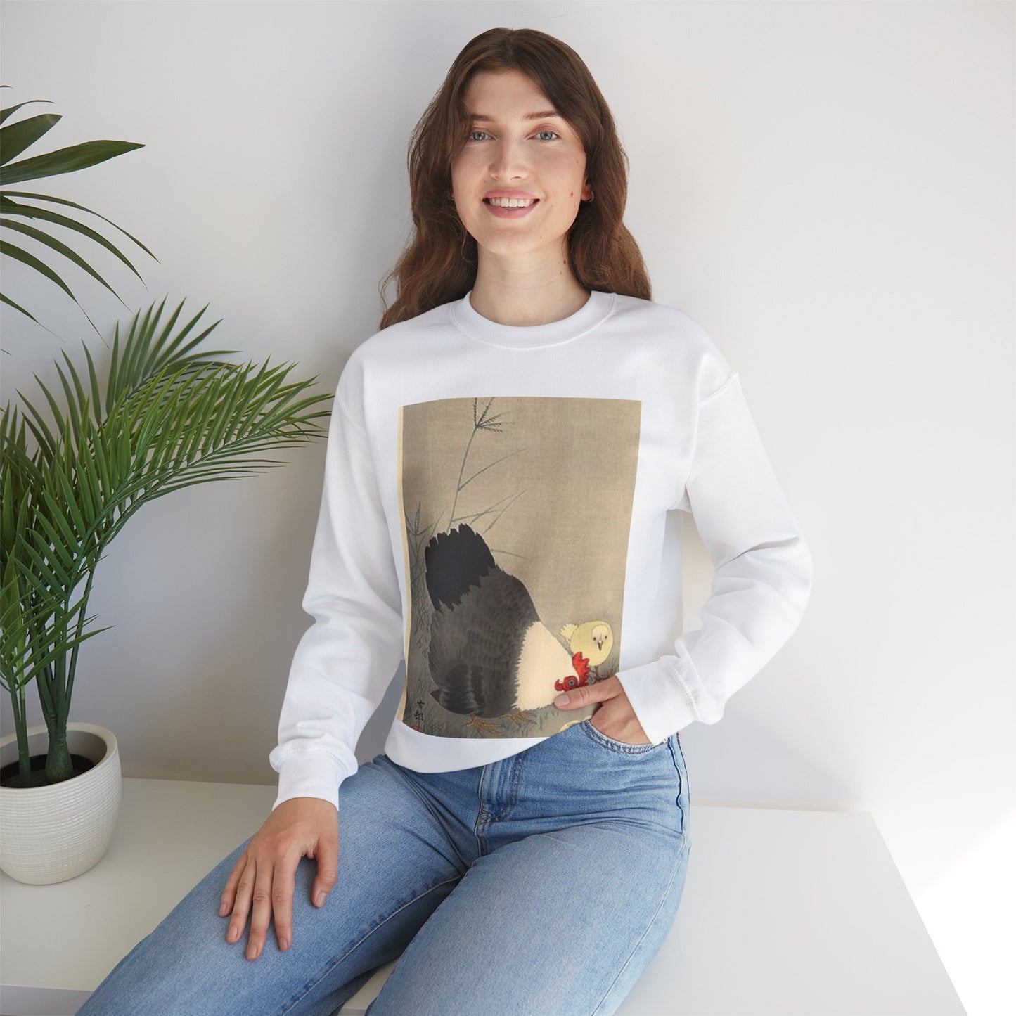 Koson - hen-and-two-chicks-in-grass, Ohara Koson White Heavy Blend Adult Crew Neck SweatShirt