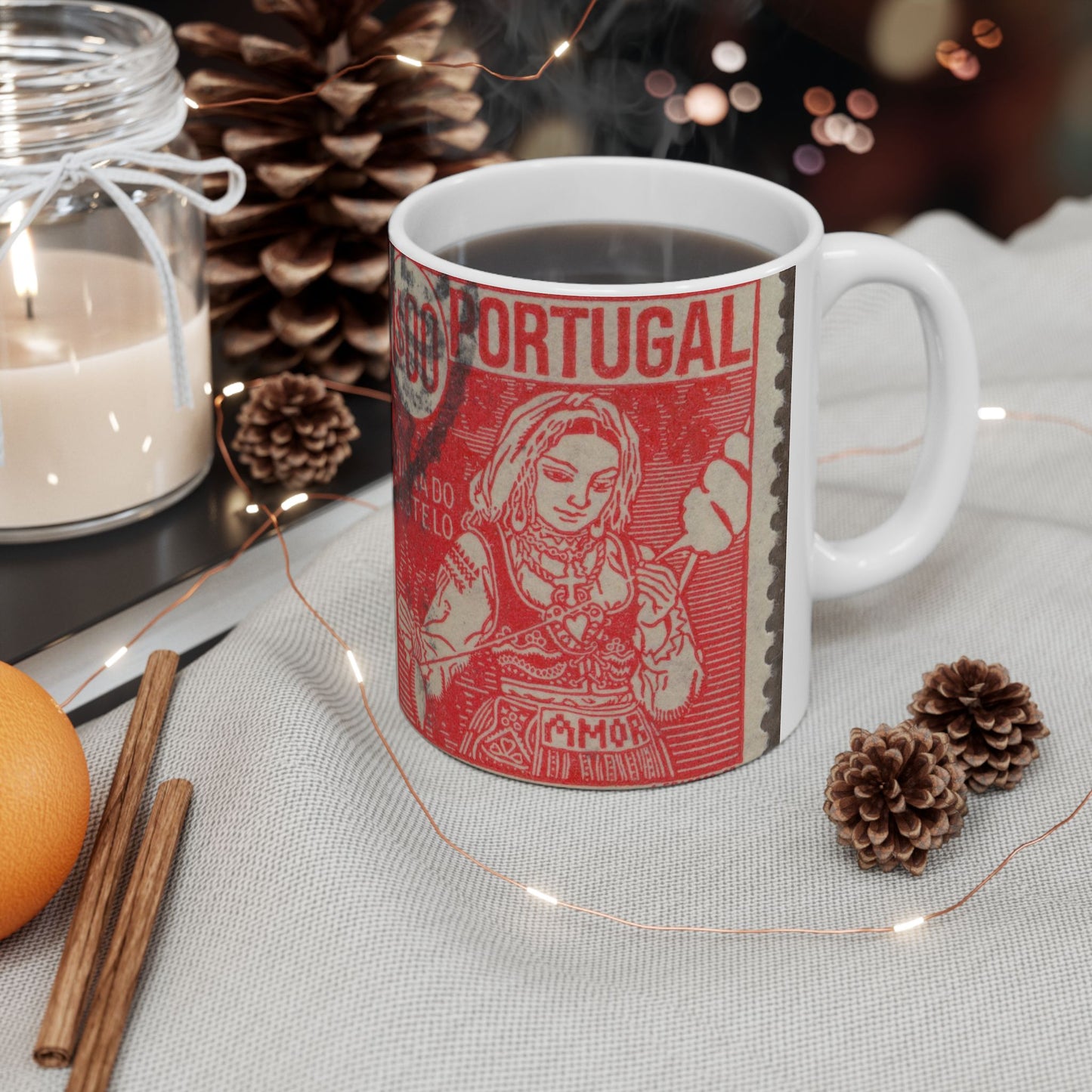 Frimärke ur Gösta Bodmans filatelistiska motivsamling, påbörjad 1950.Frimärke frånPortugal, 1941. Motiv av garnspinnande med slända. "Kvinna från Viana do Castelo". Beautiful Novelty Ceramic Coffee Mug 11oz