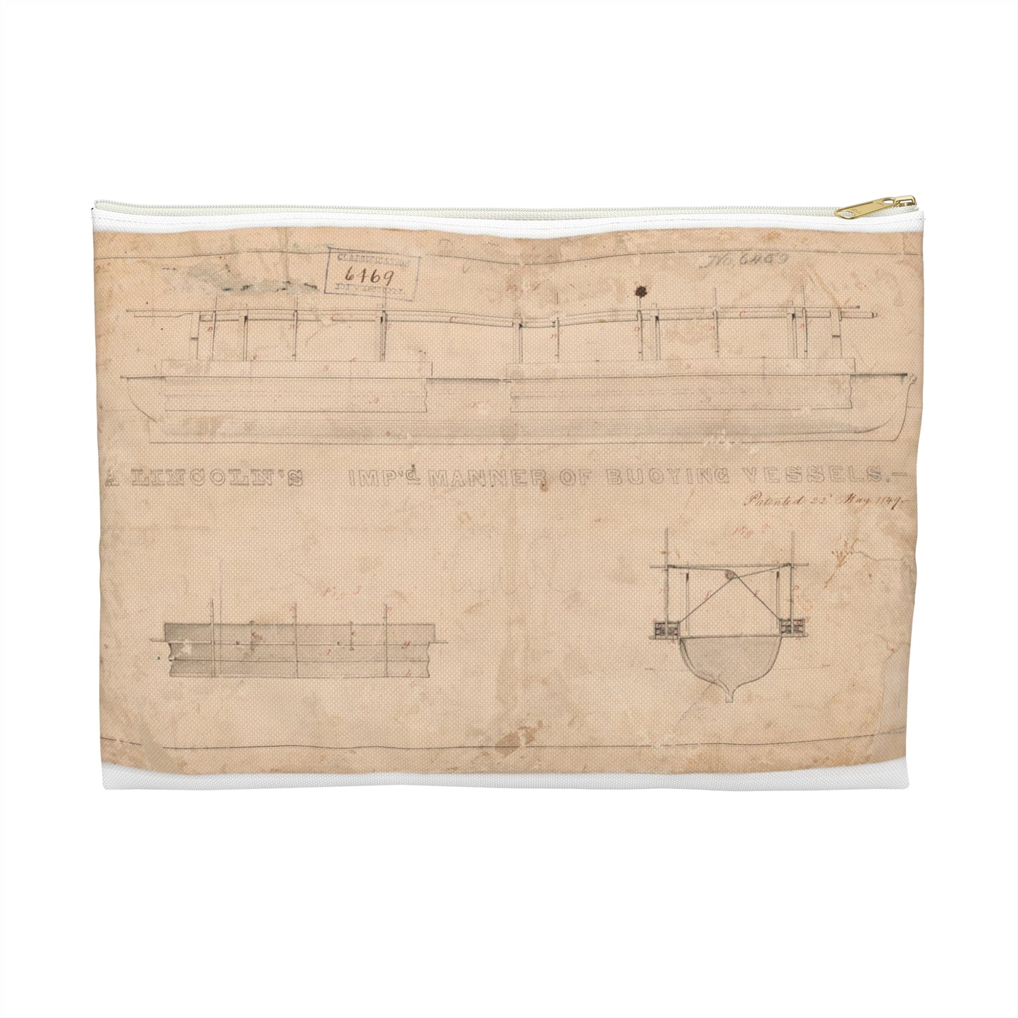 Patent drawing - Abraham Lincoln's for Improved Manner of Buoying Vessels Public domain image Large Organizer Pouch with Black Zipper