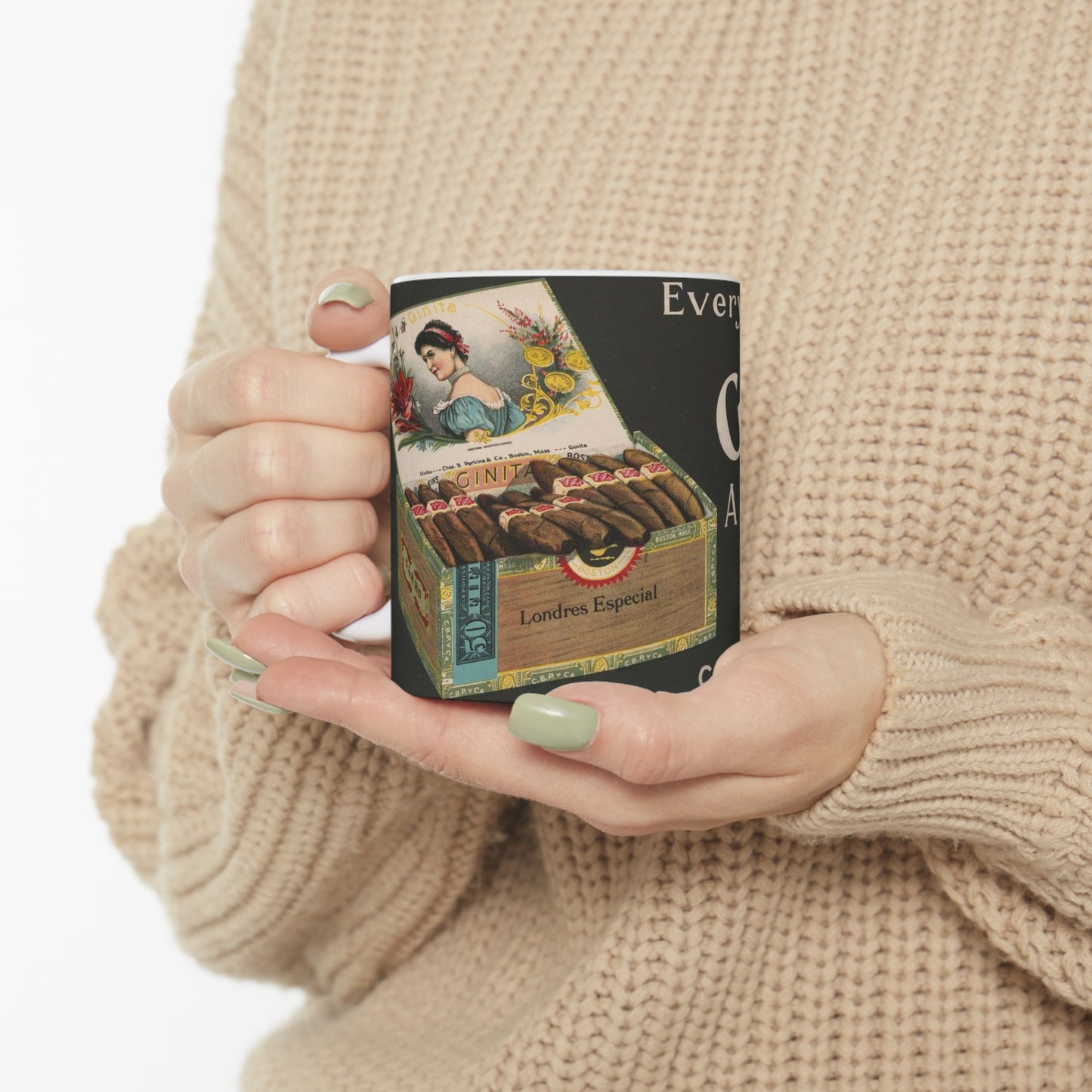 Every Ginita cigar a good reason for another, C.B. Perkins Co., Boston Beautiful Novelty Ceramic Coffee Mug 11oz